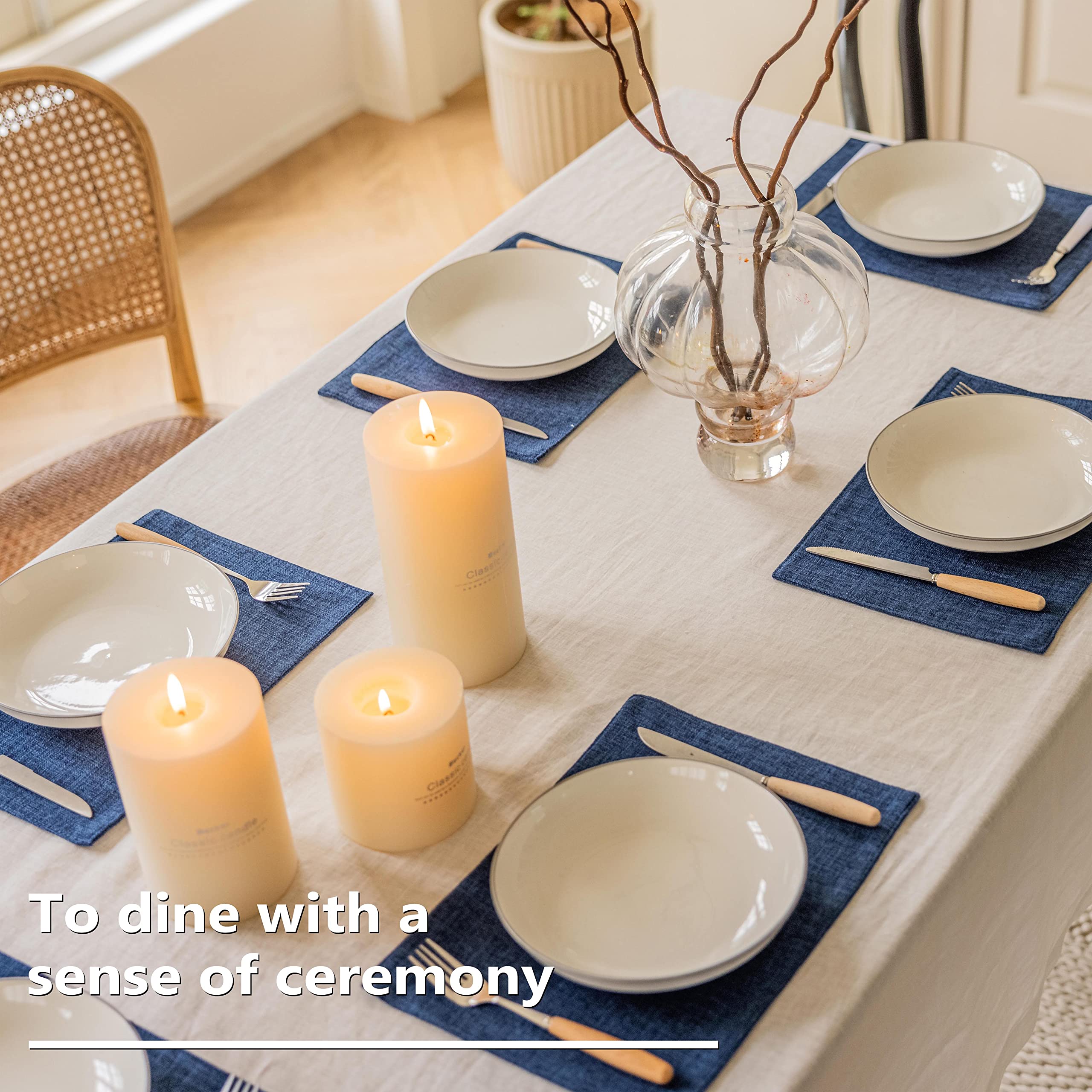 Premium Linen Placemats Set of 6 - Heat Resistant Blue Table Mats for Dining & Kitchen - Stylish Indigo Home Decor for Everyday Meals & Dinner Parties