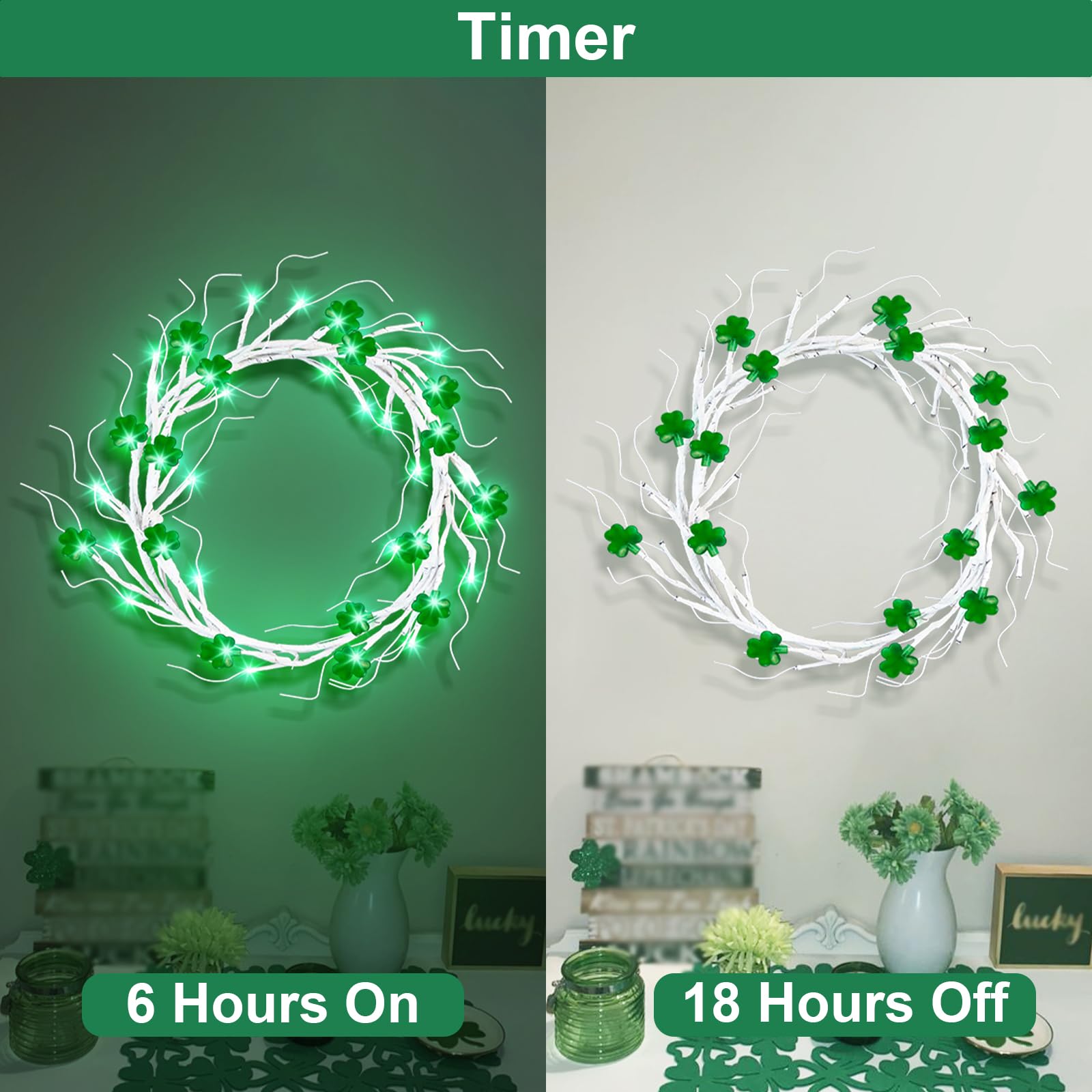 6Ft St. Patrick's Day LED Lighted Birch Garland with 16 Shamrocks - 48 Green Battery Operated Lights with Timer - Irish Holiday Decor for Mantel, Table, Wall - Perfect for St. Patrick's Party & Home Decoration