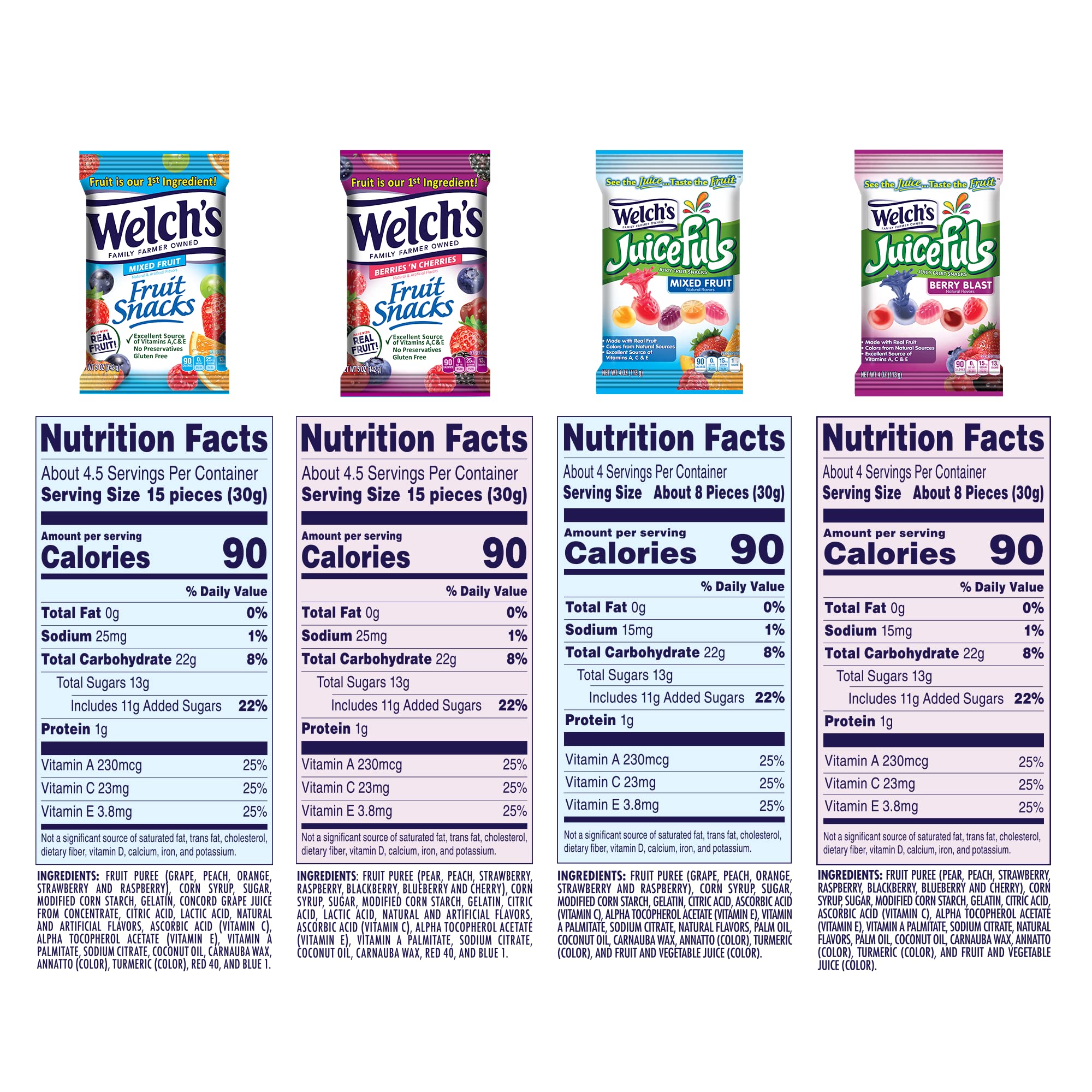 Welch's Fruit Snacks Variety Pack - Mixed Fruit, Berry Blast & Berries 'N Cherries - 12 Single Serve Bags (4oz & 5oz) | Healthy Kids Snacks for School Lunch, Travel & On-the-Go
