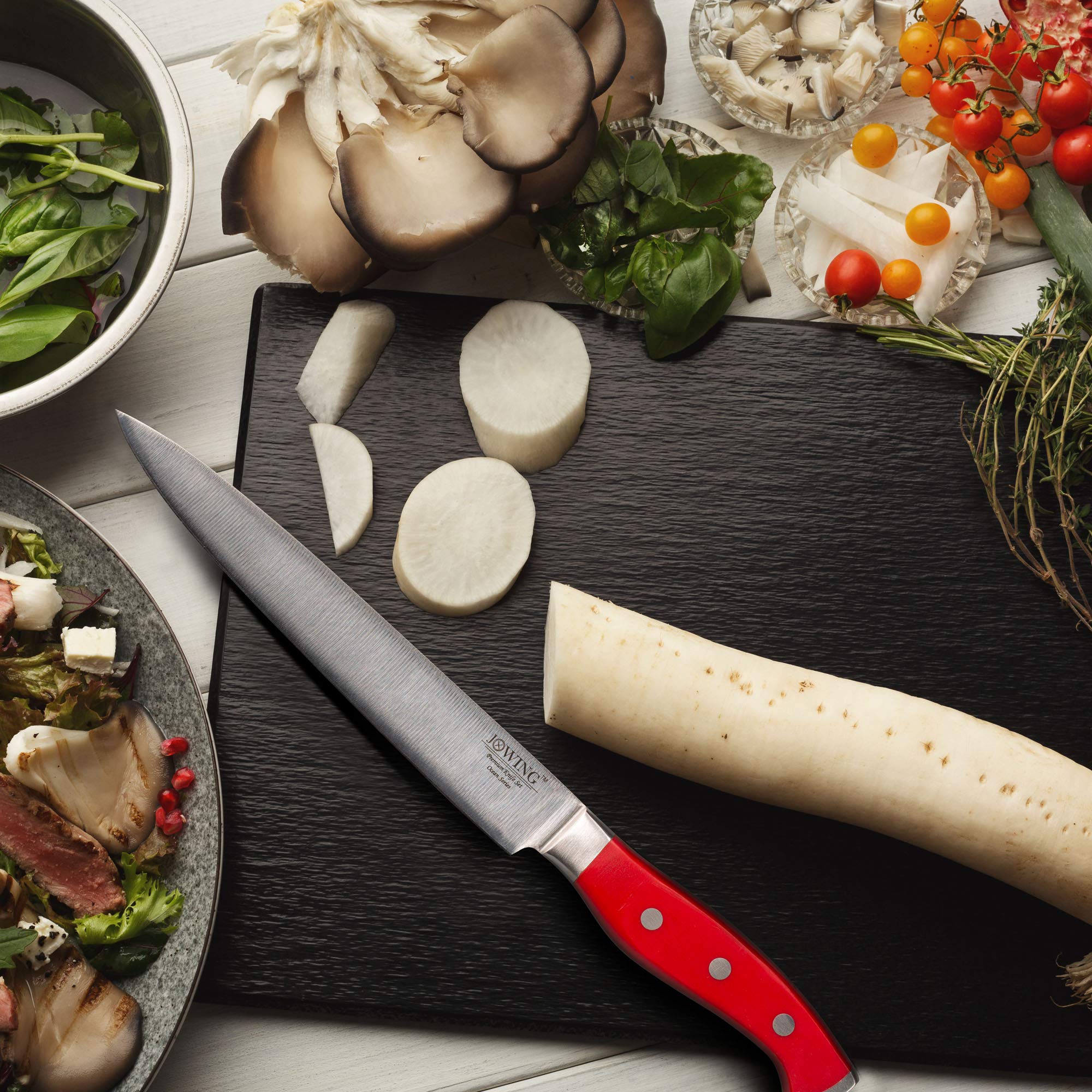 Premium 15-Piece German High Carbon Stainless Steel Kitchen Knife Set - Ocean Series Forged Full Tang Chef Knives with Rubber Wood Block (Red) - Perfect for Professional Chefs & Home Cooking