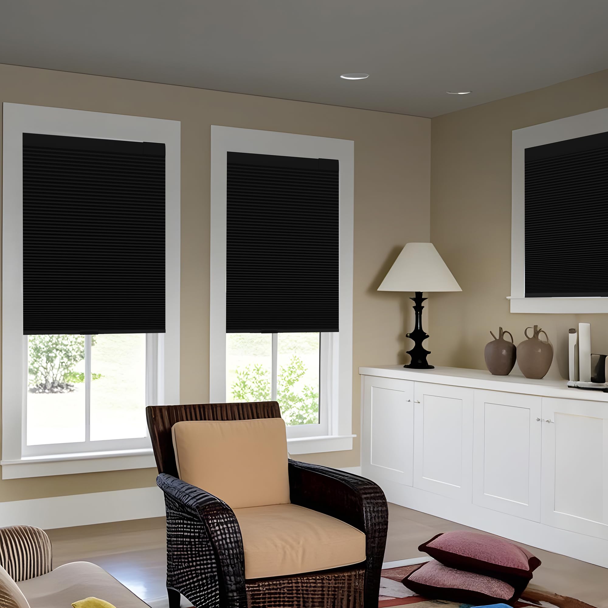 No Drill No Tools Blackout Cellular Shades - Cordless Easy Install Honeycomb Blinds for Windows - Thermal Insulated & Noise Reduction - Custom Size (Blackout-Black) - Perfect for Bedrooms, Nurseries & Home Offices