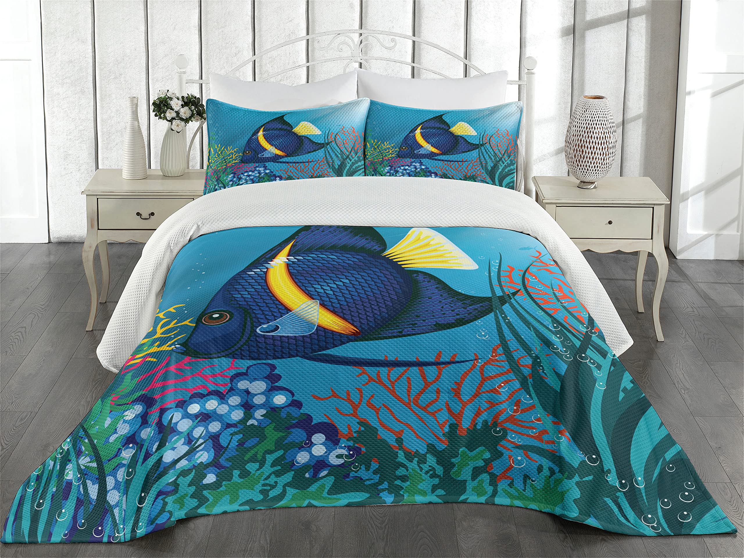 Lunarable King Size Nautical Quilt Set - Tropical Fish Underwater Coral Reef Ocean Theme, 3-Piece Bedspread with 2 Pillow Shams in Blue & Yellow | Perfect for Beach House Decor, Coastal Bedroom, and Marine Lover's Home