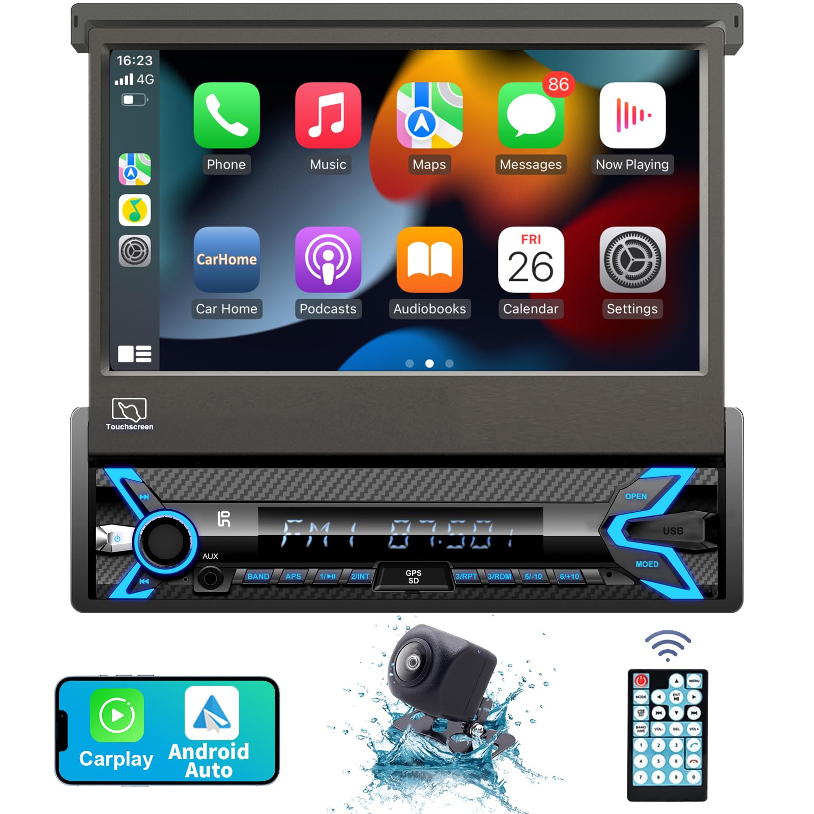 2025 7-Inch Motorized Flip-Out Single Din Car Stereo with Wireless Apple CarPlay & Android Auto - Bluetooth, HD Touchscreen, Backup Camera, USB/SD/AUX Input, AM/FM Radio, Subwoofer & DSP Support | Perfect for Road Trips, Commuting & Hands-Free Navigation