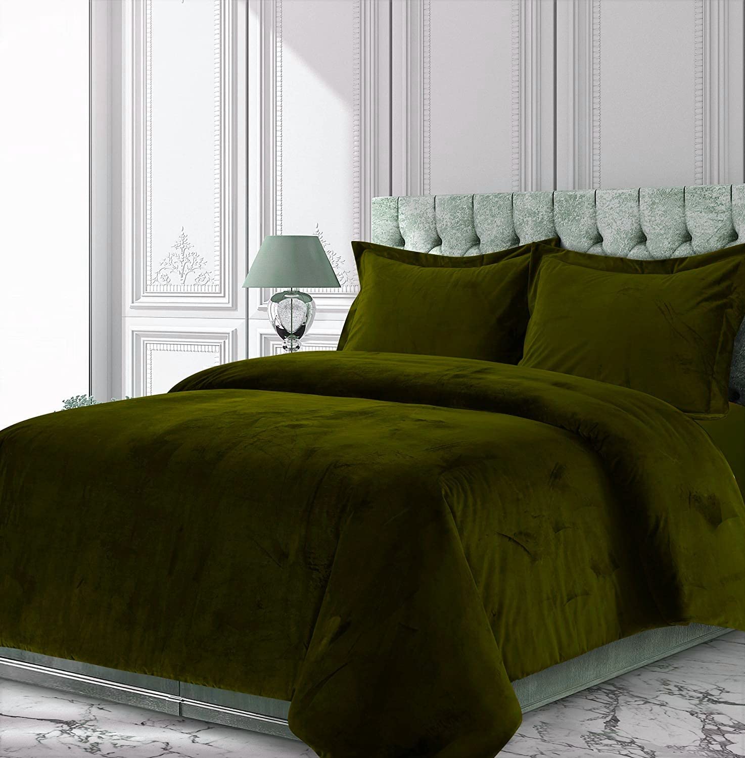 Luxury Crinkle Crushed 600 GSM Olive Green 68x90 Inch Venice Velvet Twin XL Comforter - Sherpa Quilted Duvet Insert for Cozy Bedroom & Guest Room Decor