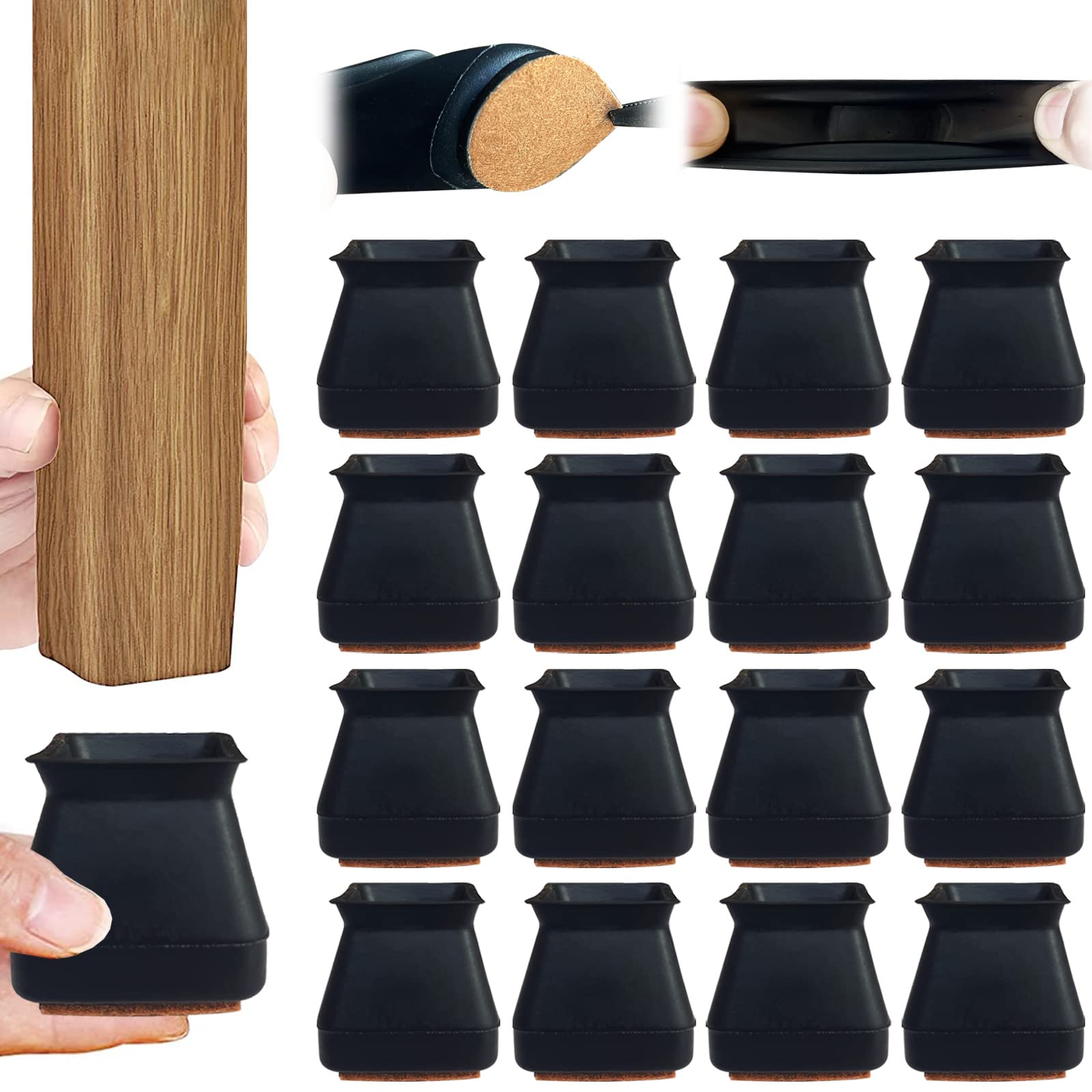 Square & Round Silicone Chair Leg Floor Protectors with Felt - 24-Pack Extra Large Black Furniture Leg Covers for Noise Reduction & Floor Protection - Perfect for Hardwood Floors, Office Chairs, and Moving Furniture