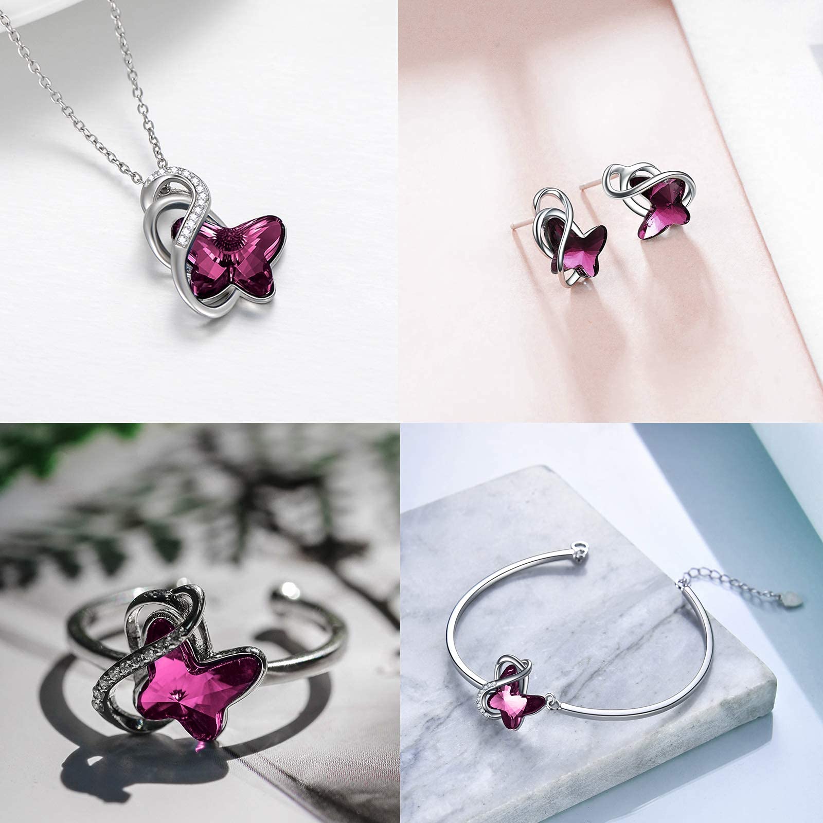 AOBOCO Sterling Silver Infinity Butterfly Necklace, Earrings & Ring Set with Austrian Crystals | Elegant Butterfly Jewelry for Women | Perfect Anniversary, Birthday Gift for Butterfly Lovers | Ideal for Date Nights, Weddings & Special Occasions