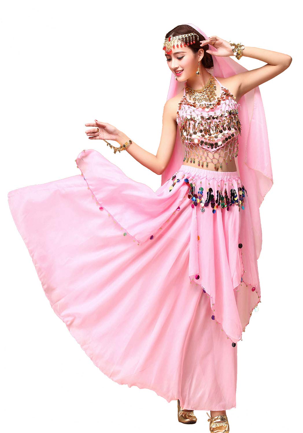 Women's Belly Dance Costume - Sparkling Sequin Crop Top with Flowy Chiffon Skirt for Halloween, Party & Performance Outfits