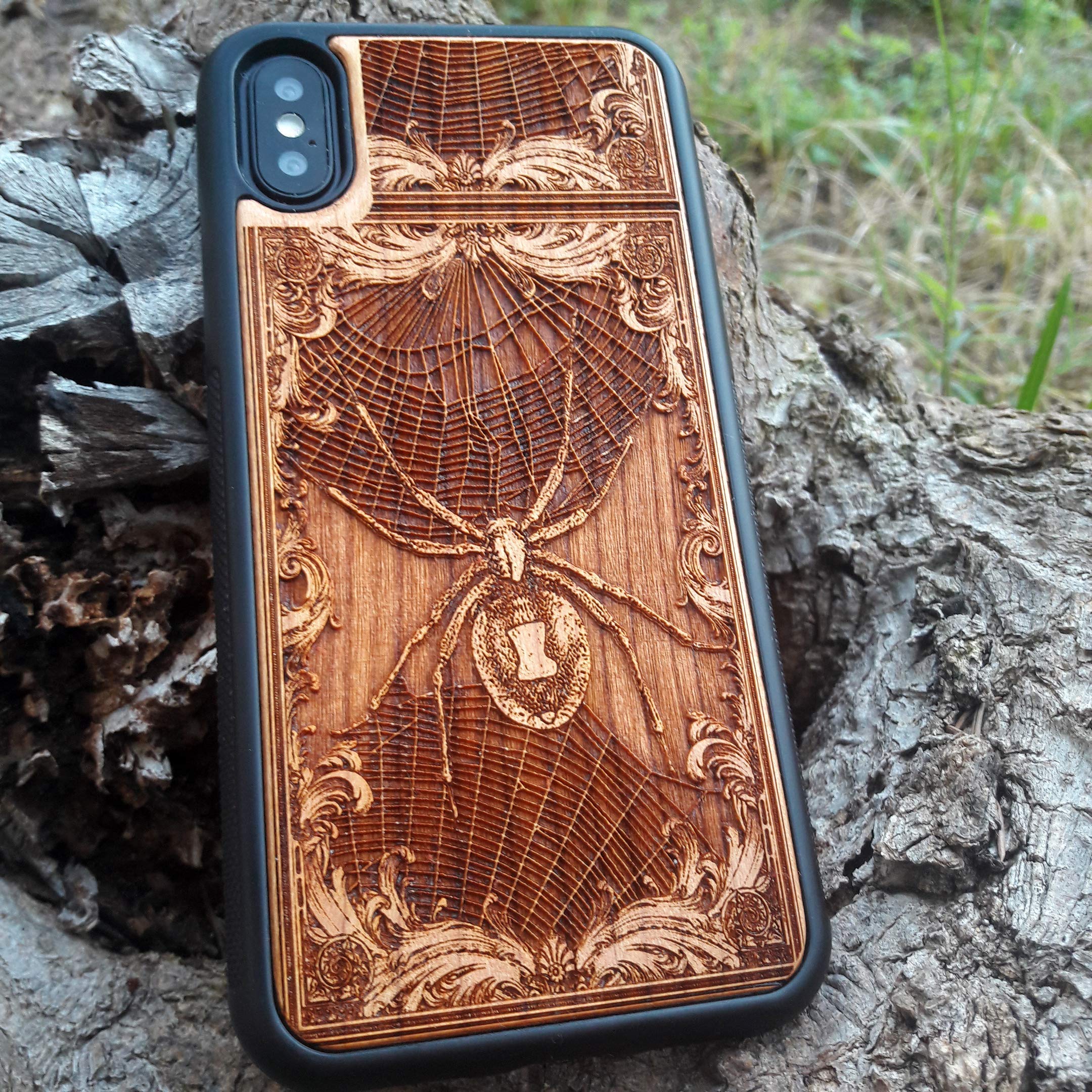 Black Widow Spider Laser Engraved Wooden Phone Case for iPhone 16/15/14/13/12/11 Pro Max Mini & Galaxy S25/S24/S23/S22/S21/S20 Ultra Plus - Eco-Friendly Slim Durable Wood Cover - Perfect for Nature Lovers & Marvel Fans