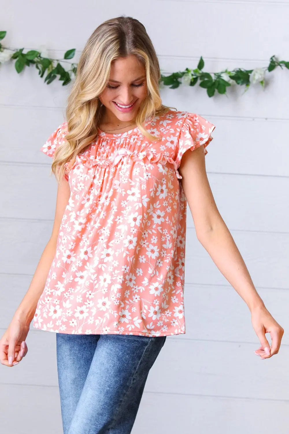 Peach Floral Print Frilled Short Sleeve Yoke Top for Women | Summer Blouse | Casual & Party Wear