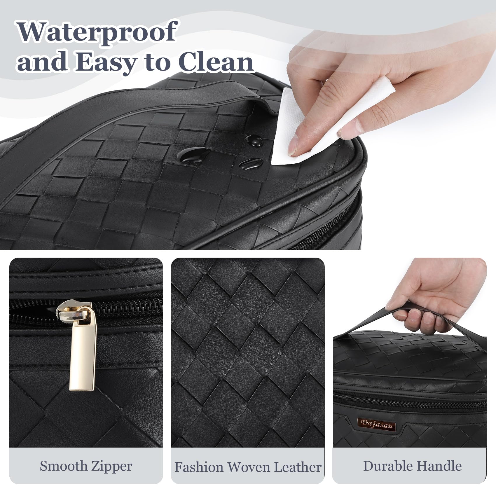 Dajasan Large Waterproof PU Leather Makeup Bag for Women - Travel Cosmetic Organizer with High Capacity, Portable Toiletry Case for Girls - Perfect for Travel, Gym, and Daily Use (Black)
