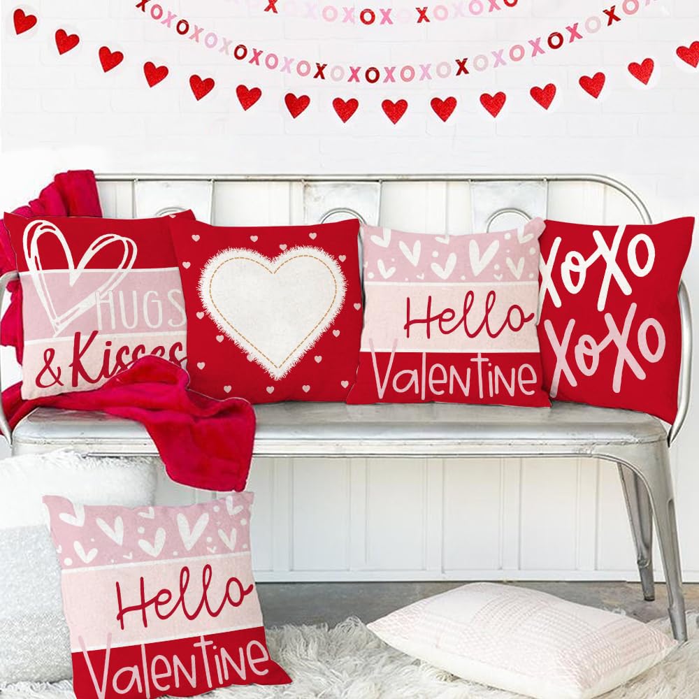 Valentine's Day Throw Pillow Covers 18x18 Inch Set of 4 - Red Heart XOXO Striped Farmhouse Decorative Cushion Cases for Home, Wedding & Couples Gift | Perfect for Sofa, Bedroom Decor & Romantic Gifts