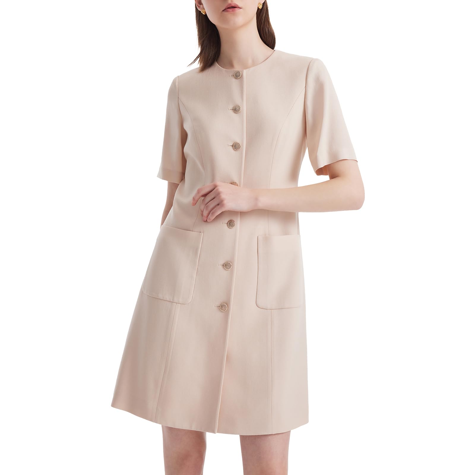 Women's Triacetate Black Mini Dress - Business Casual A-Line V-Neck Button Front Dress for Office Work & Teaching | Perfect for Professional Workwear, Business Meetings, and Smart Casual Occasions