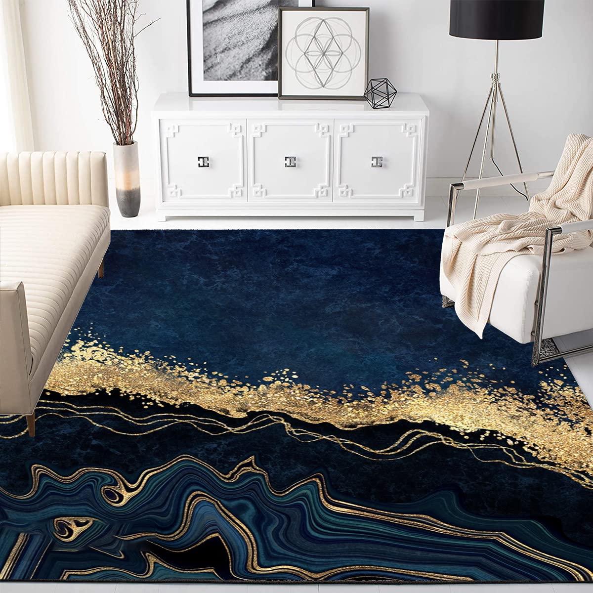 Modern Abstract Area Rug 8x10 - Navy Blue & Gold Marble Pattern, Soft Washable Non-Shedding Carpet for Living Room, Bedroom, Dining Room, Home Office, Hallway & Kitchen - Chic Retro Aesthetic Floor Decor for Cozy Home Spaces
