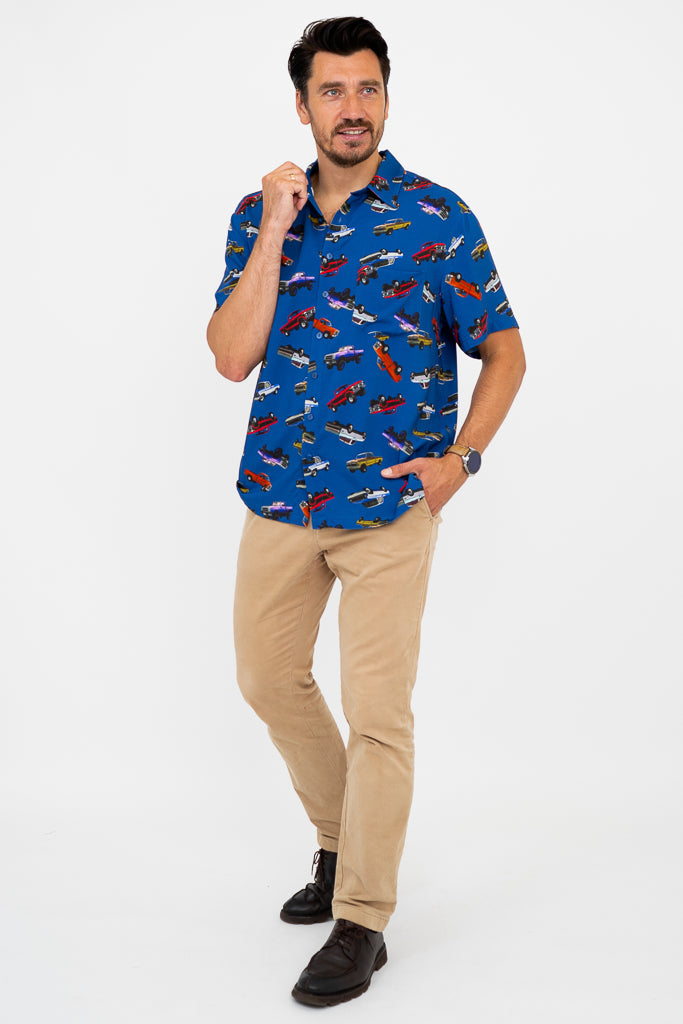 Dinosaur Print Shirt for Kids - Blue Truck Design, Soft Woven Bamboo Fabric - Perfect for Playdates, School & Outdoor Adventures