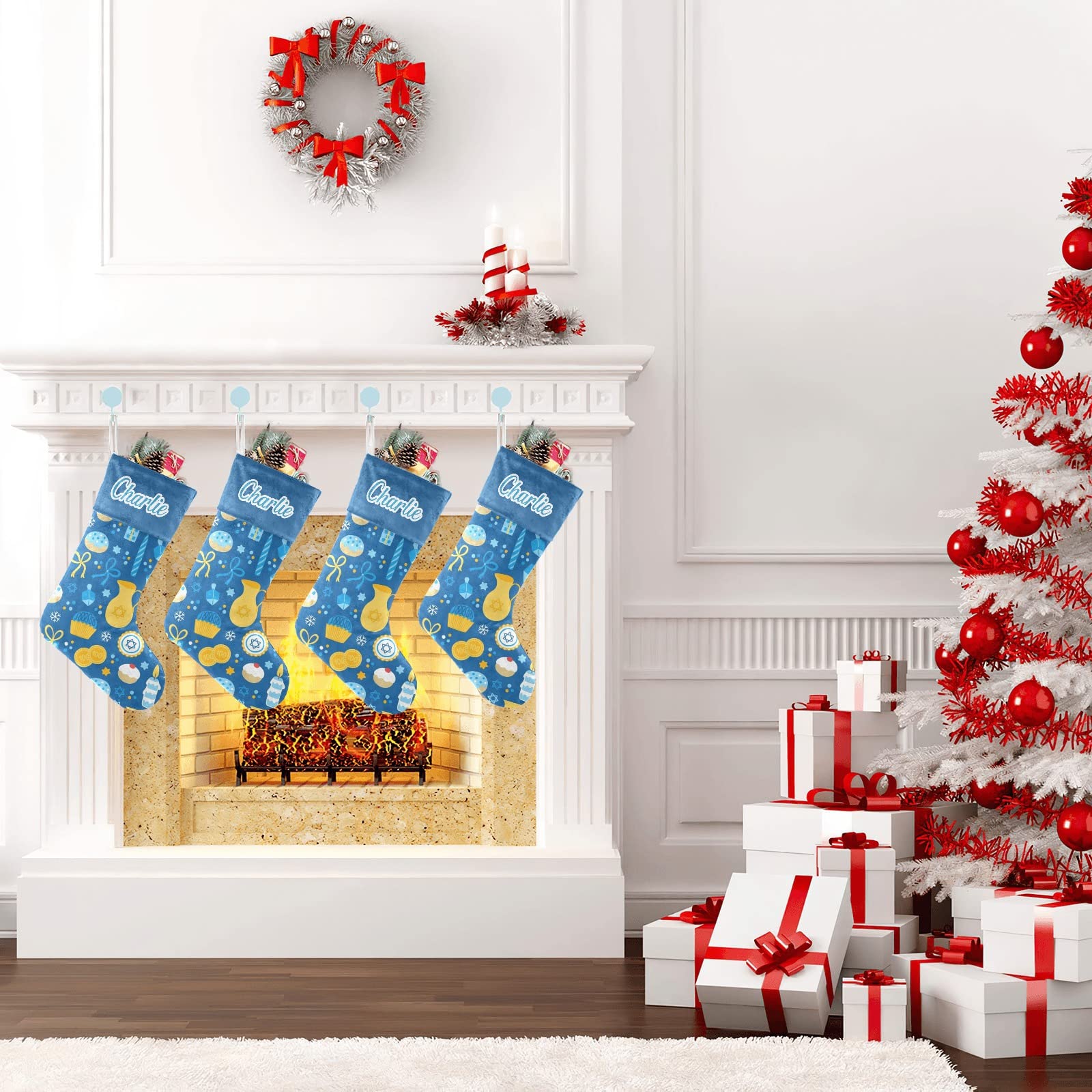 Personalized Hanukkah Christmas Stockings with Custom Name - 17.52 x 7.87 Inch Festive Holiday Decor for Fireplace Mantel, Gift Exchange & Family Traditions