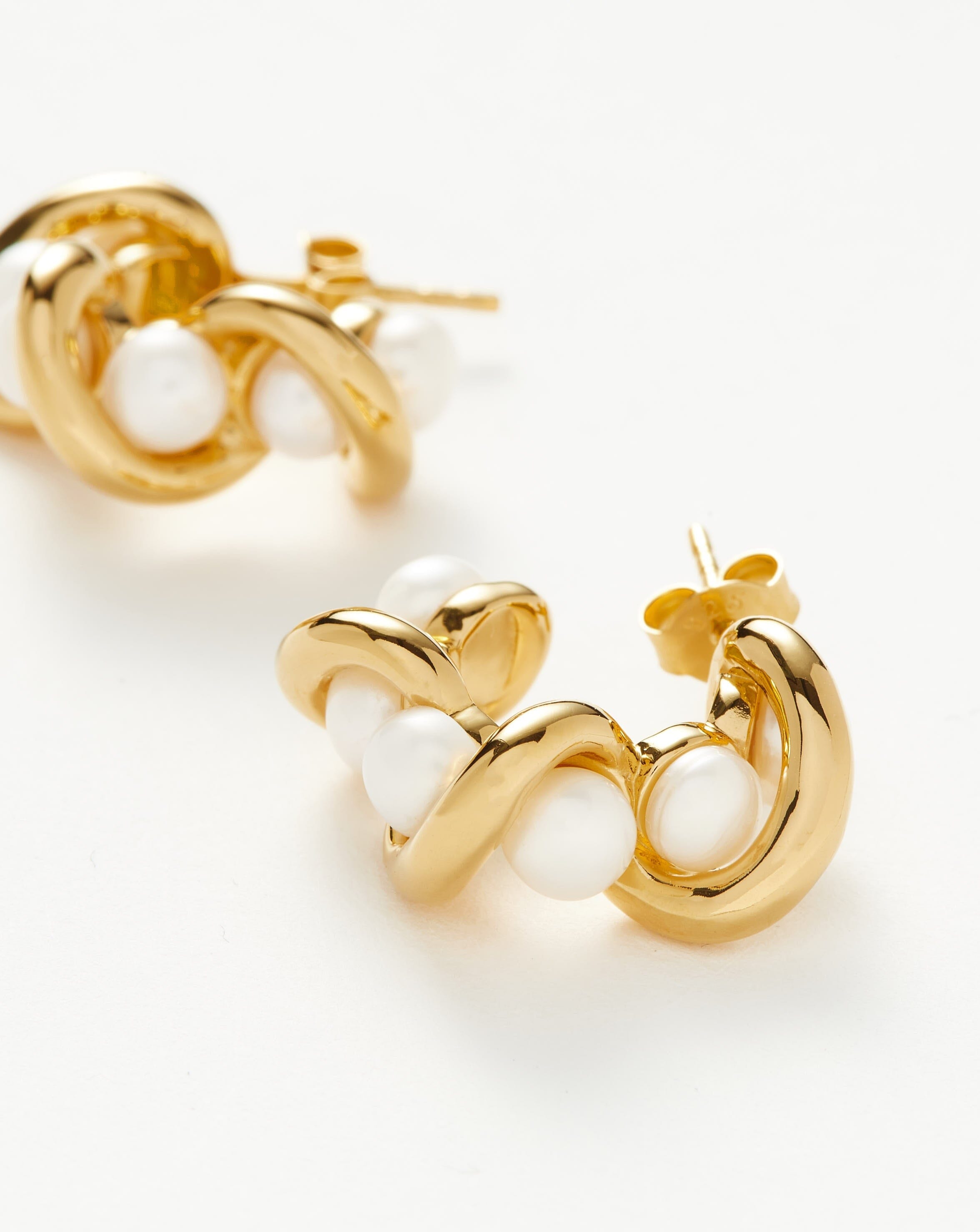Molten Pearl Twisted Mini Double Hoop Earrings for Women - Elegant Dainty Pearl Hoop Earrings for Everyday Wear, Date Night & Special Occasions