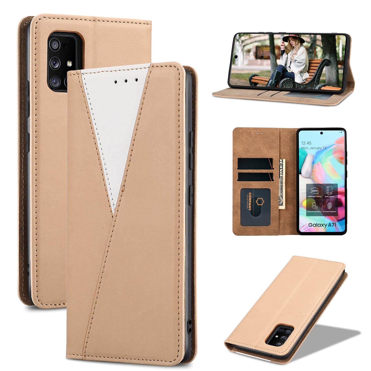 Samsung Galaxy A71 5G Wallet Case with Kickstand & Wrist Strap - Premium Flip Cover with 3 Card Slots for Credit Cards & ID - Perfect for Work, Travel & Everyday Use (Gold)