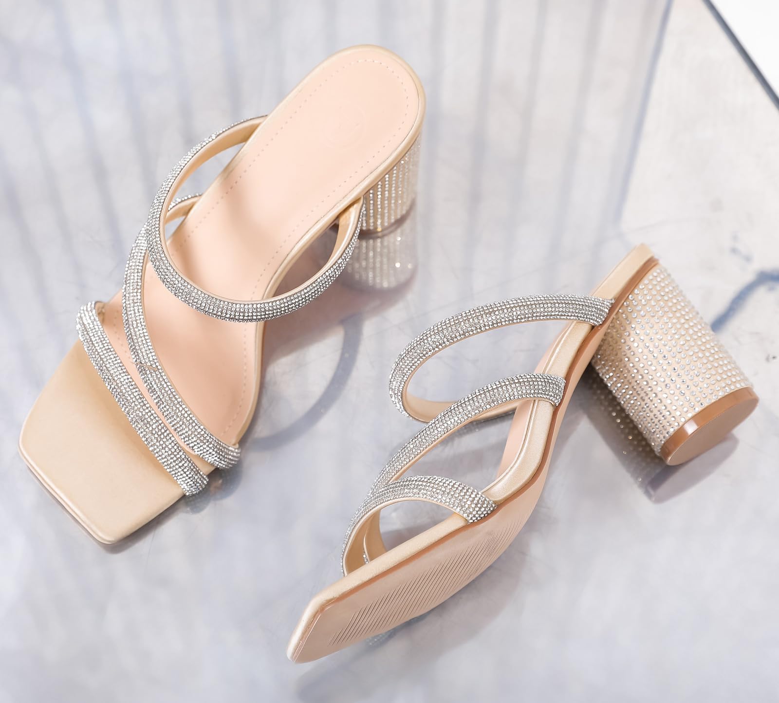 DADAWEN Women's Rhinestone Heeled Sandals - Square Toe Strappy Chunky Block Heels for Wedding, Party & Dress Occasions - Comfortable Pumps for Women - Perfect for Bridal, Prom, Evening Events & Special Occasions