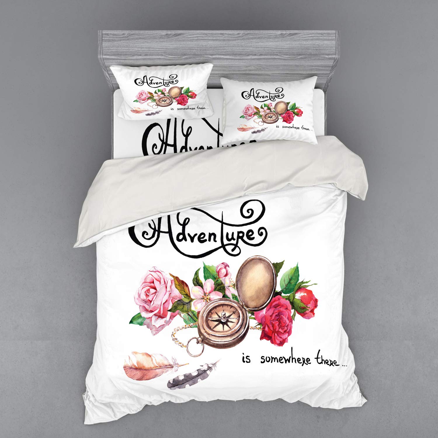 Ambesonne Adventure Bedding Set - Vintage Compass & Watercolor Floral Duvet Cover 4-Piece Set with Shams & Fitted Sheet, Queen Size, Multicolor - Perfect for Travel-Themed Bedrooms & Boho Home Decor