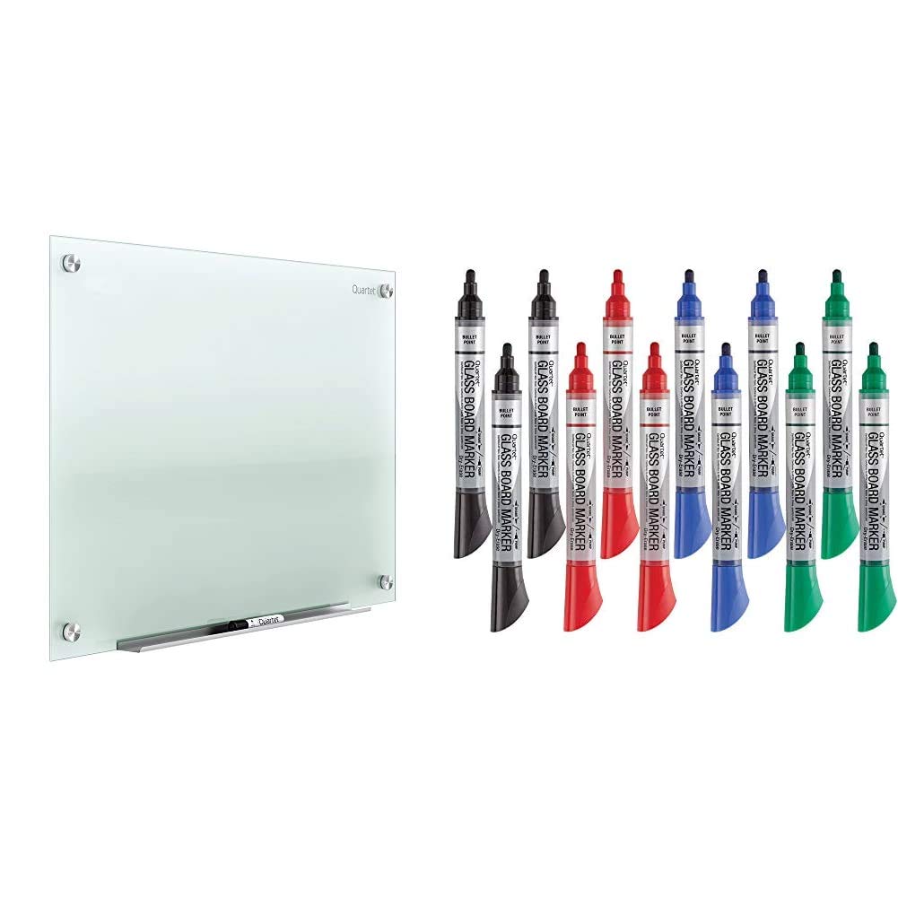 Premium Quartet Glass Whiteboard 6' x 4' - Non-Magnetic Dry Erase Board with Frosted Surface + 12-Pack Infinity & Glass Board Markers (Assorted Colors, Bullet Tip) - Perfect for Office, Classroom & Home Use