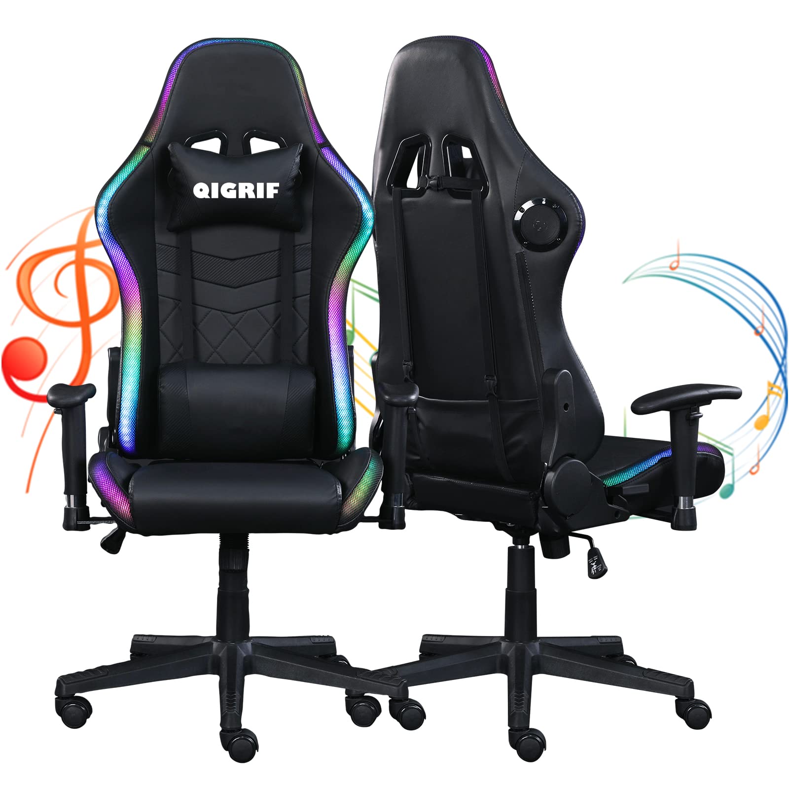 RGB Gaming Chair with Bluetooth Speakers & LED Lights - Ergonomic Computer Desk Chair for Adults, Video Game & Office Use - Adjustable Height & Lumbar Support (LED+Black) - Perfect for Gaming Setups, Home Offices & Streaming Studios