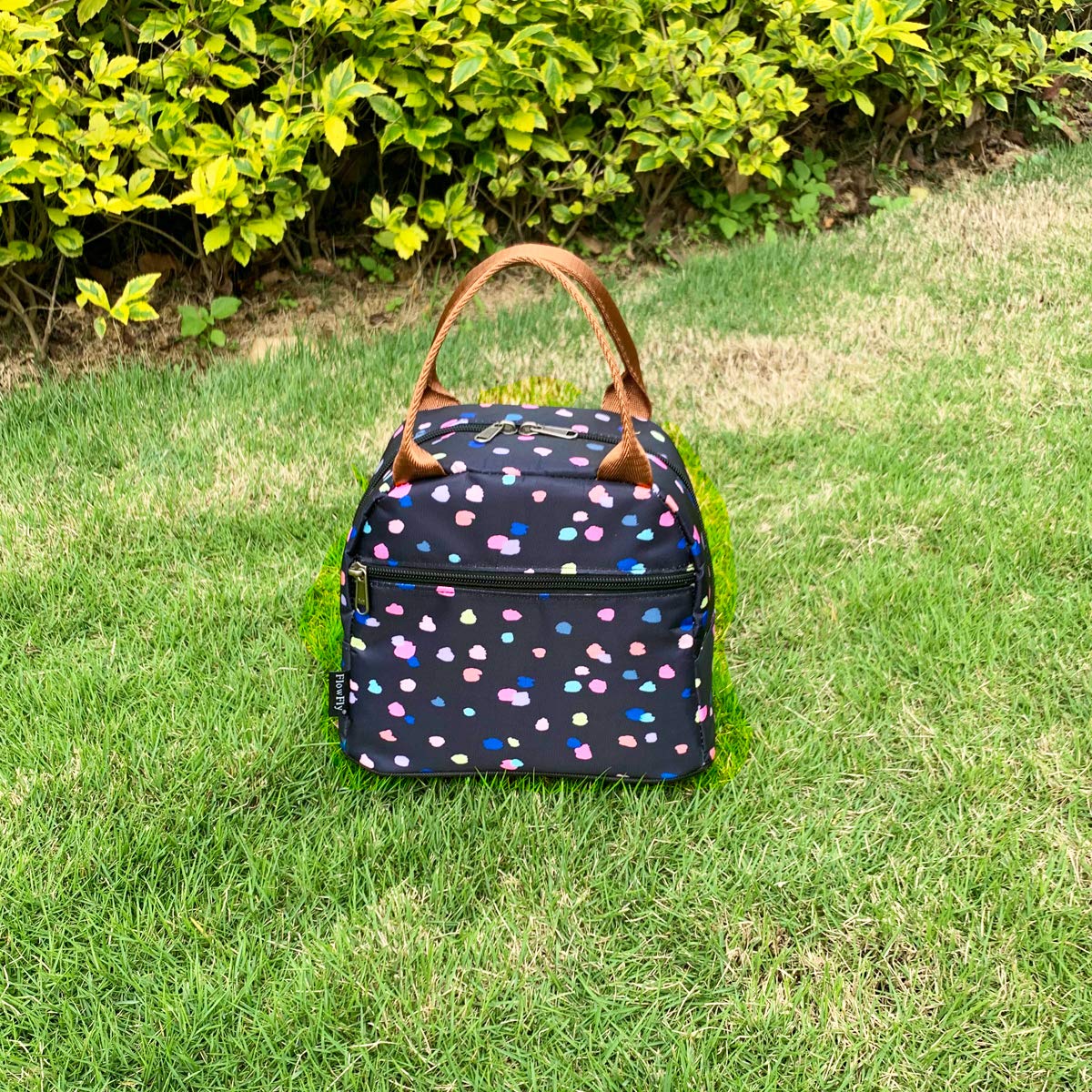 FlowFly Insulated Lunch Bag Tote - Reusable Cooler Lunch Box for Women & Men, Black Floral Design - Perfect for Work, School, Picnics & Outdoor Activities