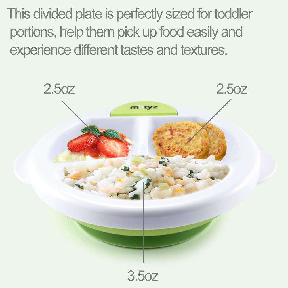 Matyz 2-Pack Baby Feeding Suction Warm Plate with Divided Sections - Non-Slip Toddler Dish with Drain & Dry Design - Includes 2 Plates & 4 Spoons - Microwave & Dishwasher Safe (Green) - Perfect for Home, Daycare & Travel Meals
