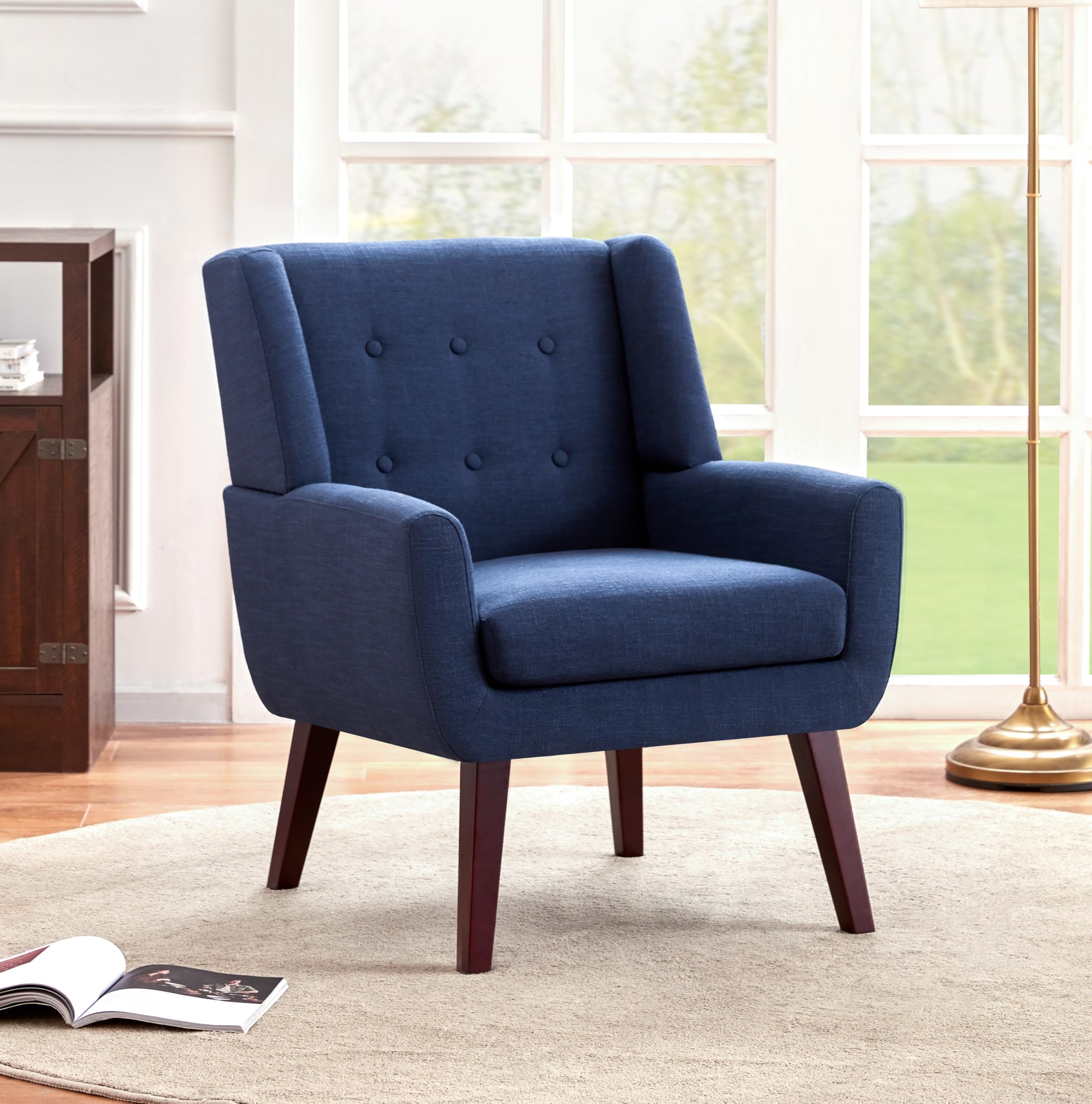 HUIMO Mid Century Modern Accent Chair - Dark Blue Upholstered Button Tufted Armchair with Linen Fabric for Living Room, Bedroom & Office - Comfortable Reading Chair for Relaxation & Home Decor