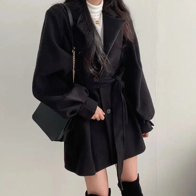 Women's Wool Blend Trench Coat with Lace-Up Front, Turn-Down Collar & Pockets – Warm Winter Long Sleeve Overcoat for Office, Dating & Fall Fashion