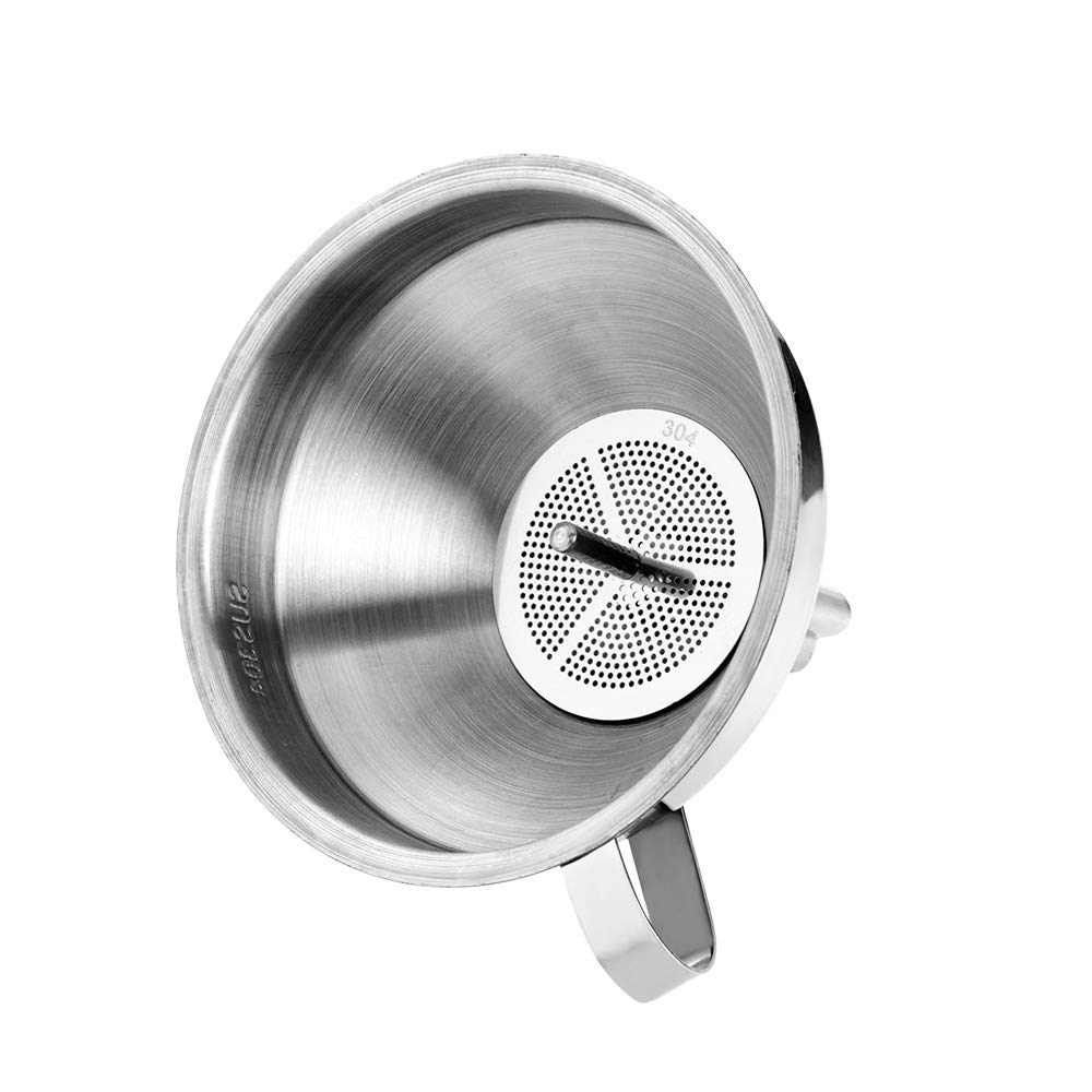 QIBORUN 5-Inch Stainless Steel Kitchen Funnel with Removable Strainer - Cooking Oil Filter Funnel for Transferring Liquids, Dry Ingredients & Powder - Perfect for Baking, Canning, Auto Oil Change & Home Brewing