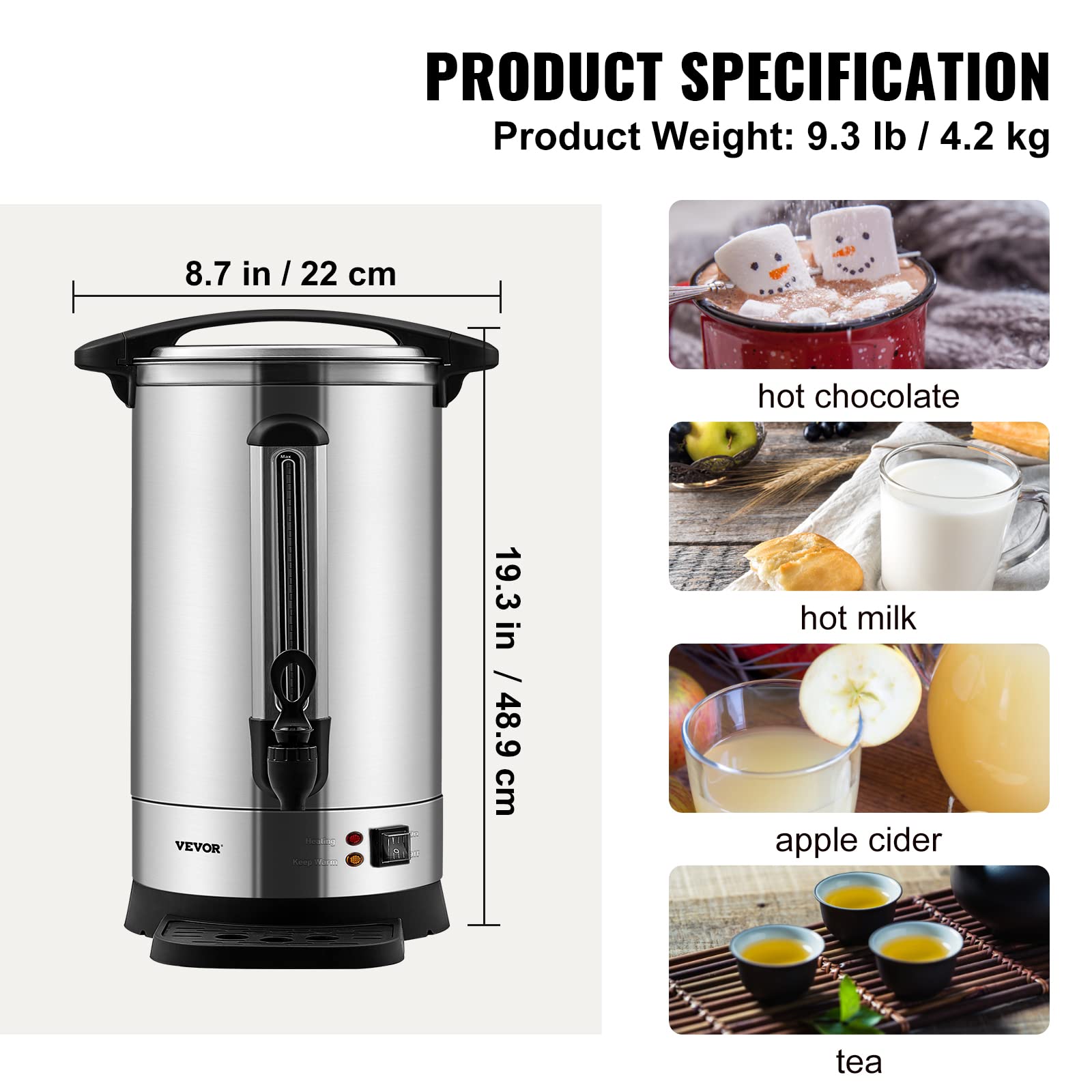 VEVOR 65-Cup (9.75L) Commercial Coffee Urn with Level Window - 1500W Large Capacity Coffee Maker for Events, Catering & Offices - Perfect for Weddings, Parties & Restaurants