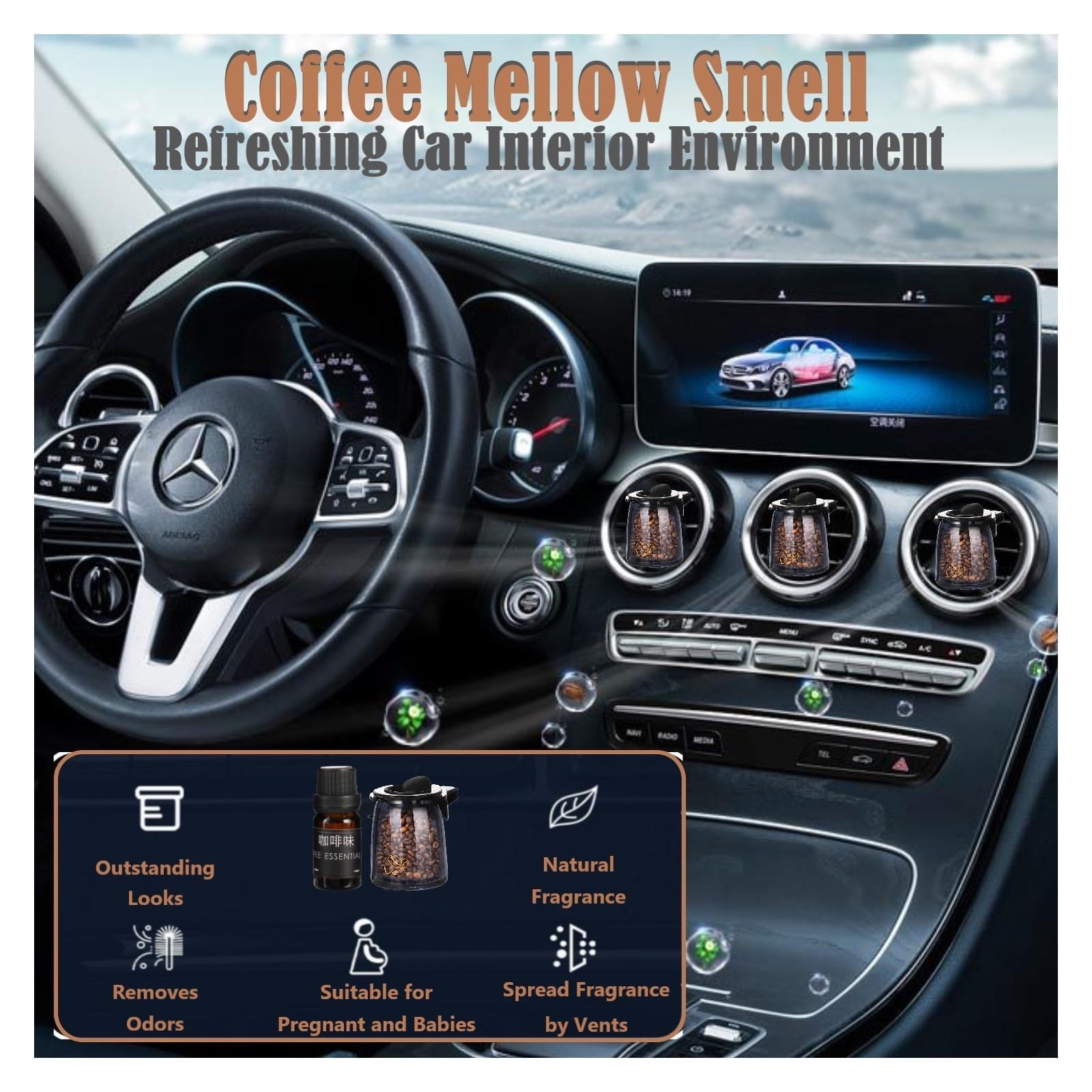 Premium Coffee Scented Car Air Freshener with Vent Clip - 2 Pack Refillable Natural Coffee Bean Fragrance, Eliminates Odors & Freshens Vehicle - Perfect Car Accessory Gift for Men & Women (Latte Scent) - Ideal for Commuting, Road Trips & New Cars