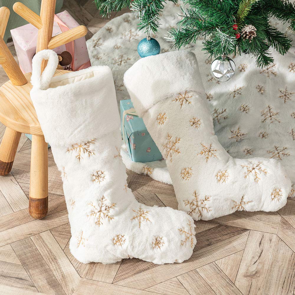 2PCS Luxury White Faux Fur Christmas Stockings - 22inch Large Hanging Xmas Socks with Gold Sequin Snowflake Design for Fireplace Mantel Decor, Holiday Gift Exchange & Cozy Winter Home Decor
