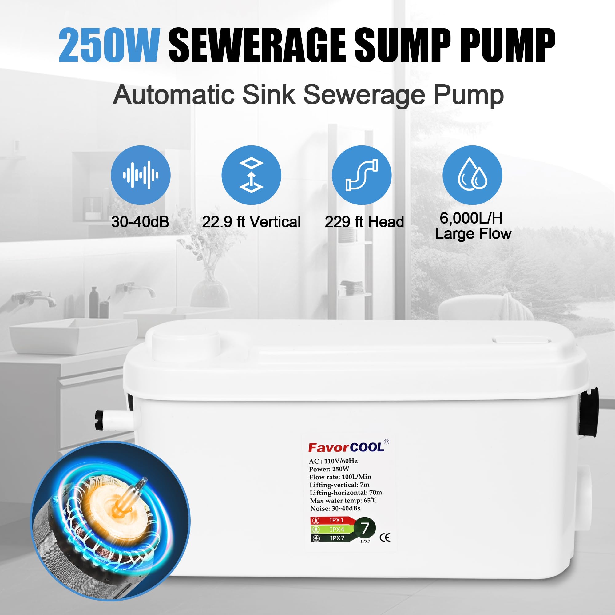 250W Macerator Sewage Pump with 3 Water Inlets - Upflush to 22.9ft/7m for Basement, Kitchen, Shower & Laundry - Powerful Wastewater Treatment Solution for Home and Commercial Use