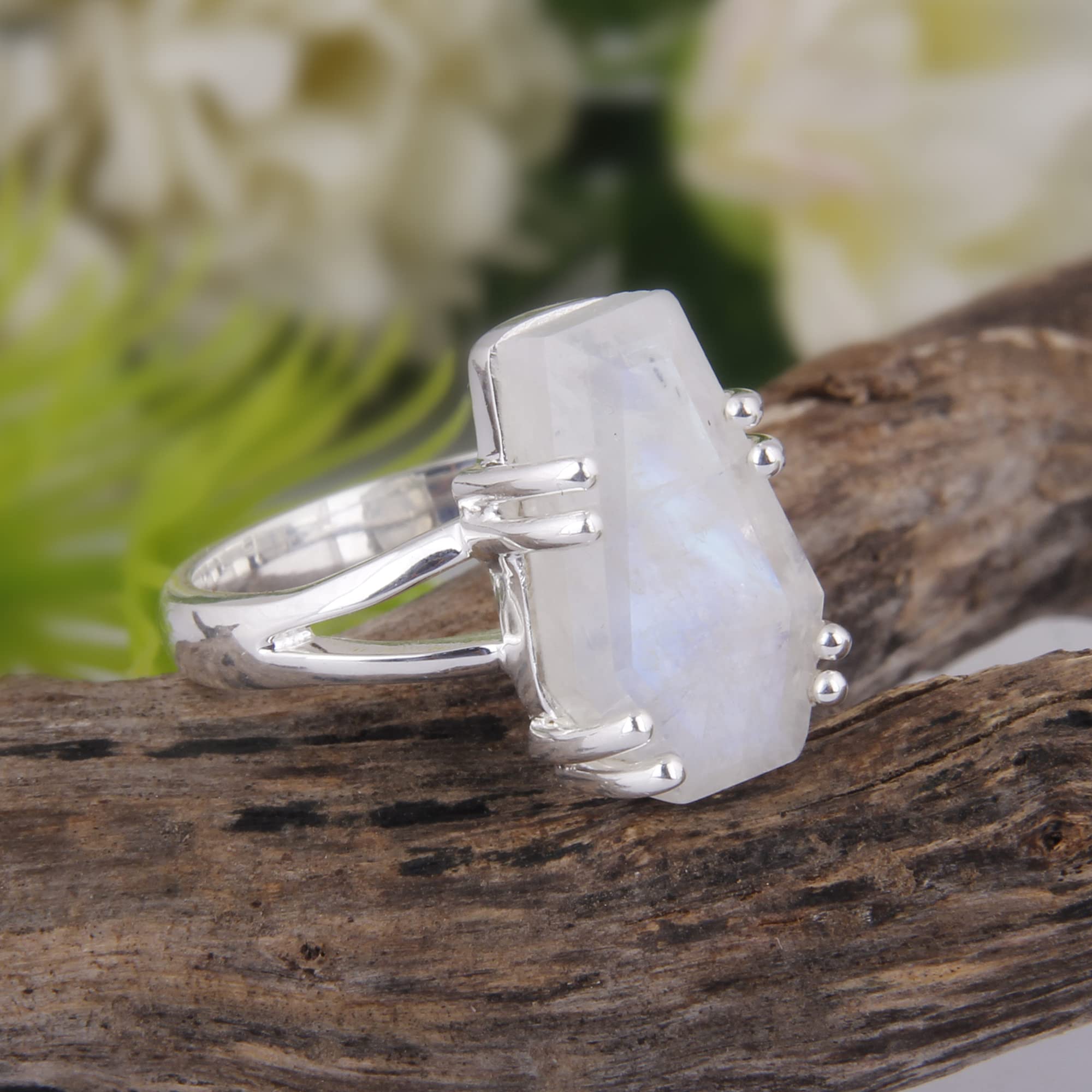 Natural Rainbow Moonstone Coffin Ring - 925 Sterling Silver Boho Statement Ring for Women, Handmade Promise Band Jewelry Gift for Mom, Wife, Girlfriend - Perfect for Weddings, Anniversaries & Special Occasions