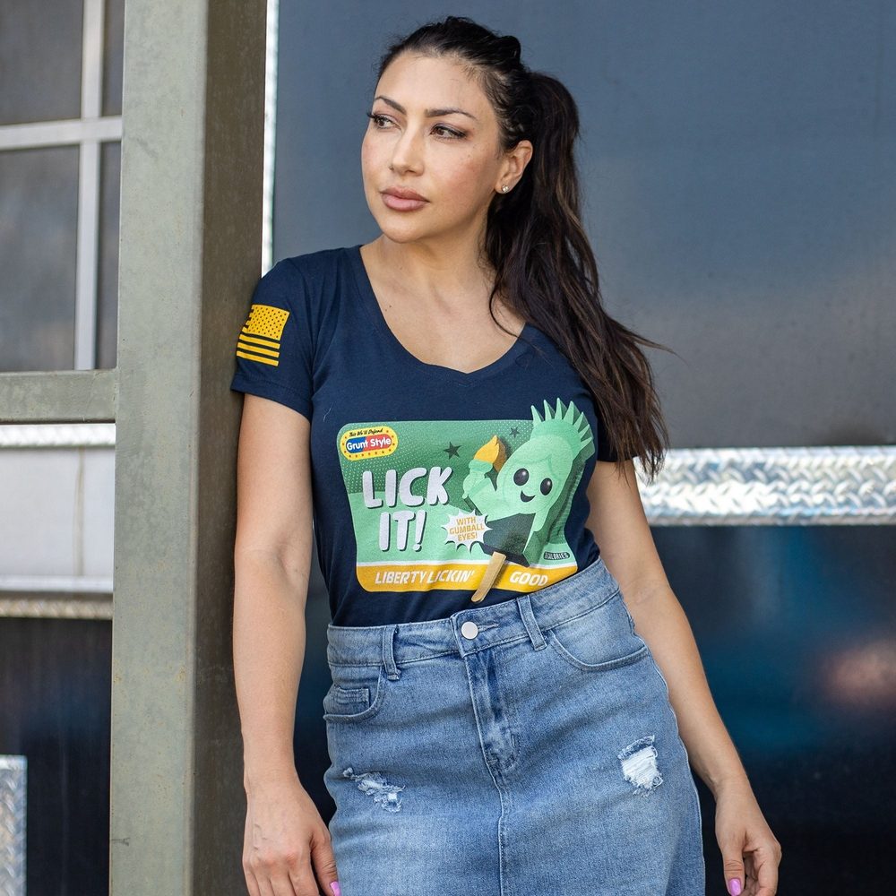 Women's Lick It V-Neck T-Shirt in Midnight Navy - Soft Cotton Casual Tee for Everyday Wear & Street Style
