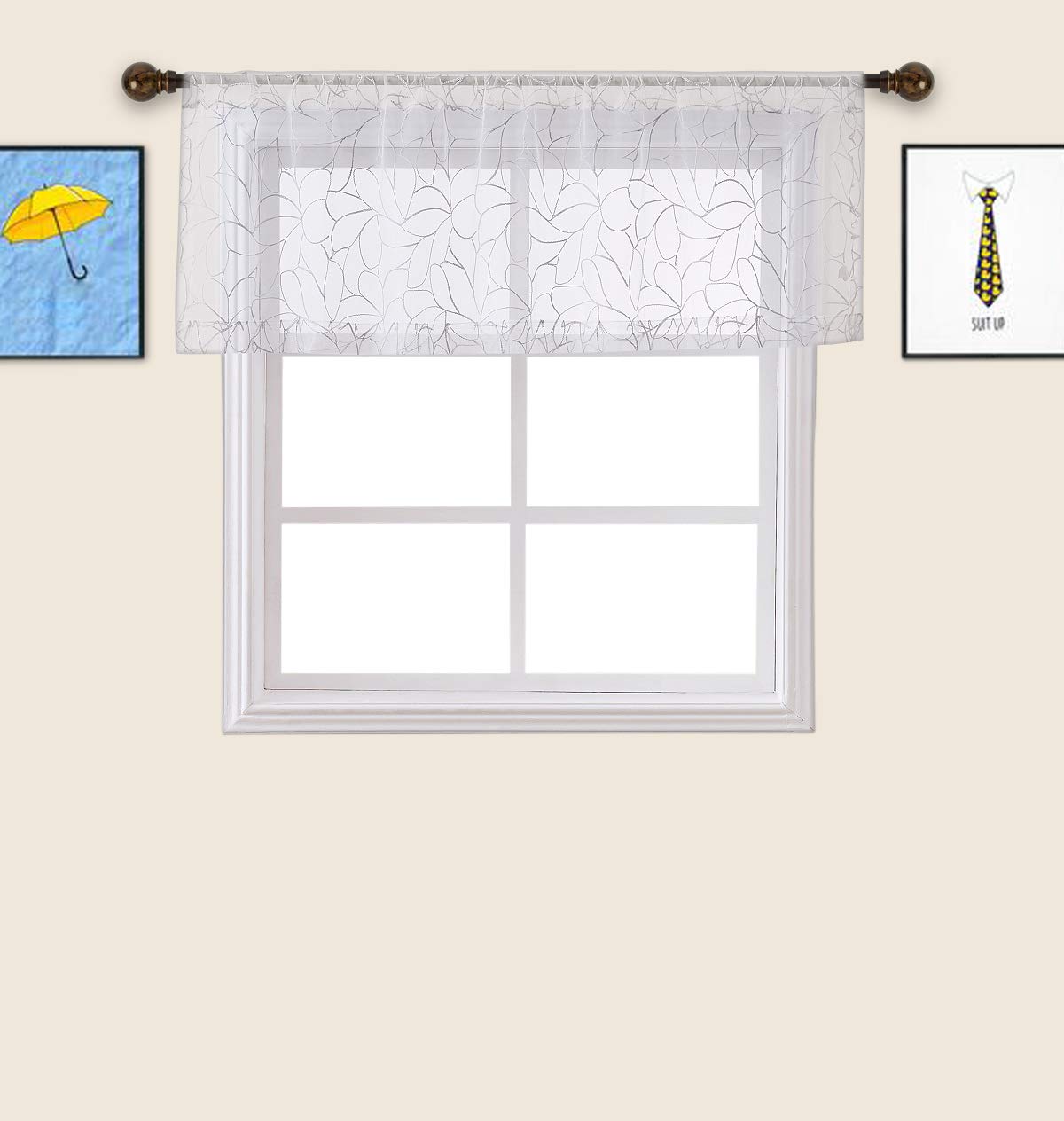 Pair of 30 x 36 Inch Short White Kitchen Curtains with Gray Silver Thread - Boho Cafe Curtain Tiers for RV, Basement & Bathroom Windows | Elegant Home Decor