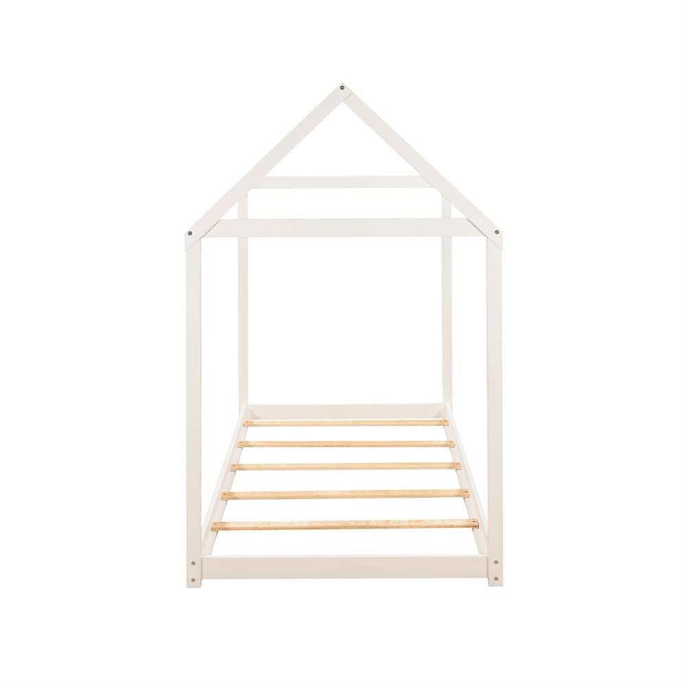 Wooden House Bed with Roof - Twin Size Kids Bed Frame, Platform Bed with Tent, Floor Sofa Bed & Mattress Foundation for Bedroom & Living Room - Perfect for Playrooms, Sleepovers & Cozy Reading Nooks (White)
