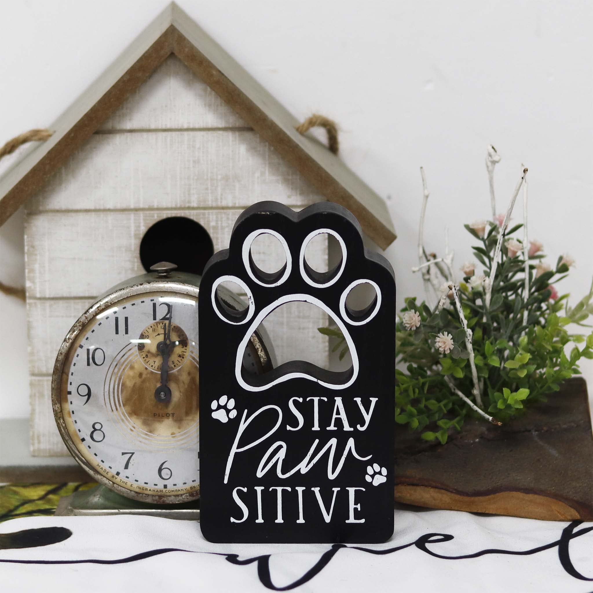 Stay Paw-sitive Wooden Pet Sign - Funny Dog Lover Decor with Paw Print Design - Perfect for Home, Office & Veterinary Clinic Decorations
