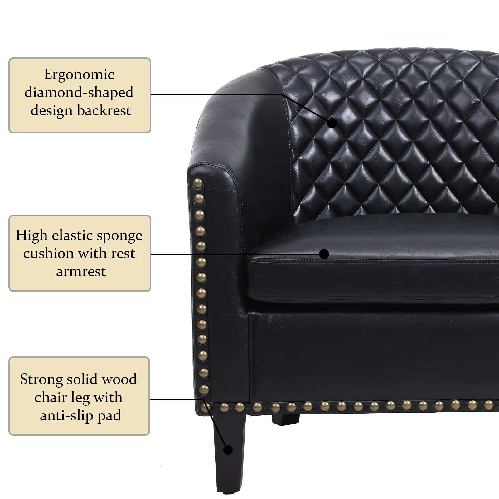 Modern Accent Chairs with Arms - Black PU Leather Upholstered Living Room & Bedroom Chair with Nailhead Trim, Solid Wood Legs & Removable Cushion - Perfect for Home Office, Reading Nook or Waiting Area
