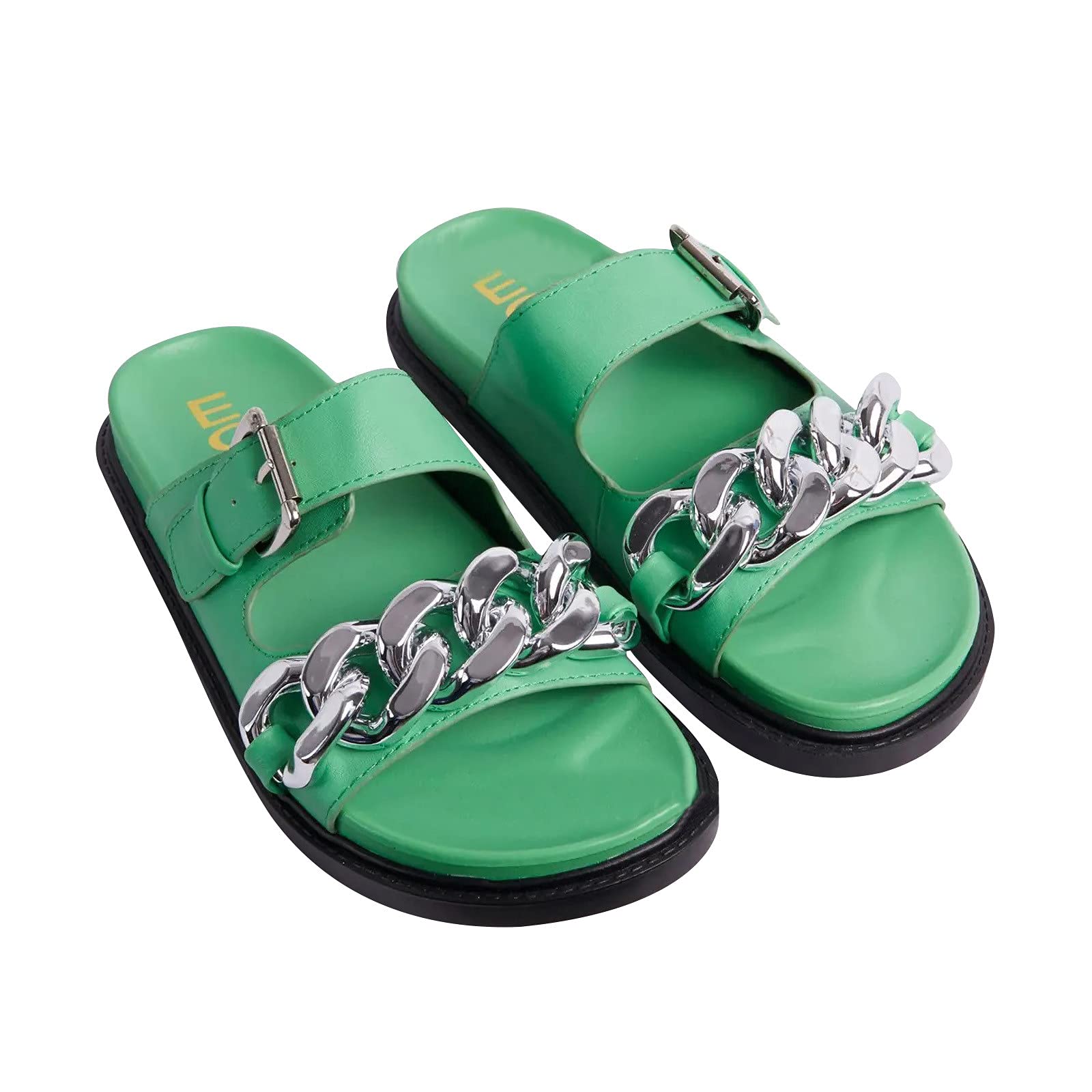 Women's Summer Comfort Slide Sandals - Fashion Double Strap Metal Chain Buckle Flat Slippers for Casual Wear | Perfect for Beach, Poolside, and Outdoor Relaxation