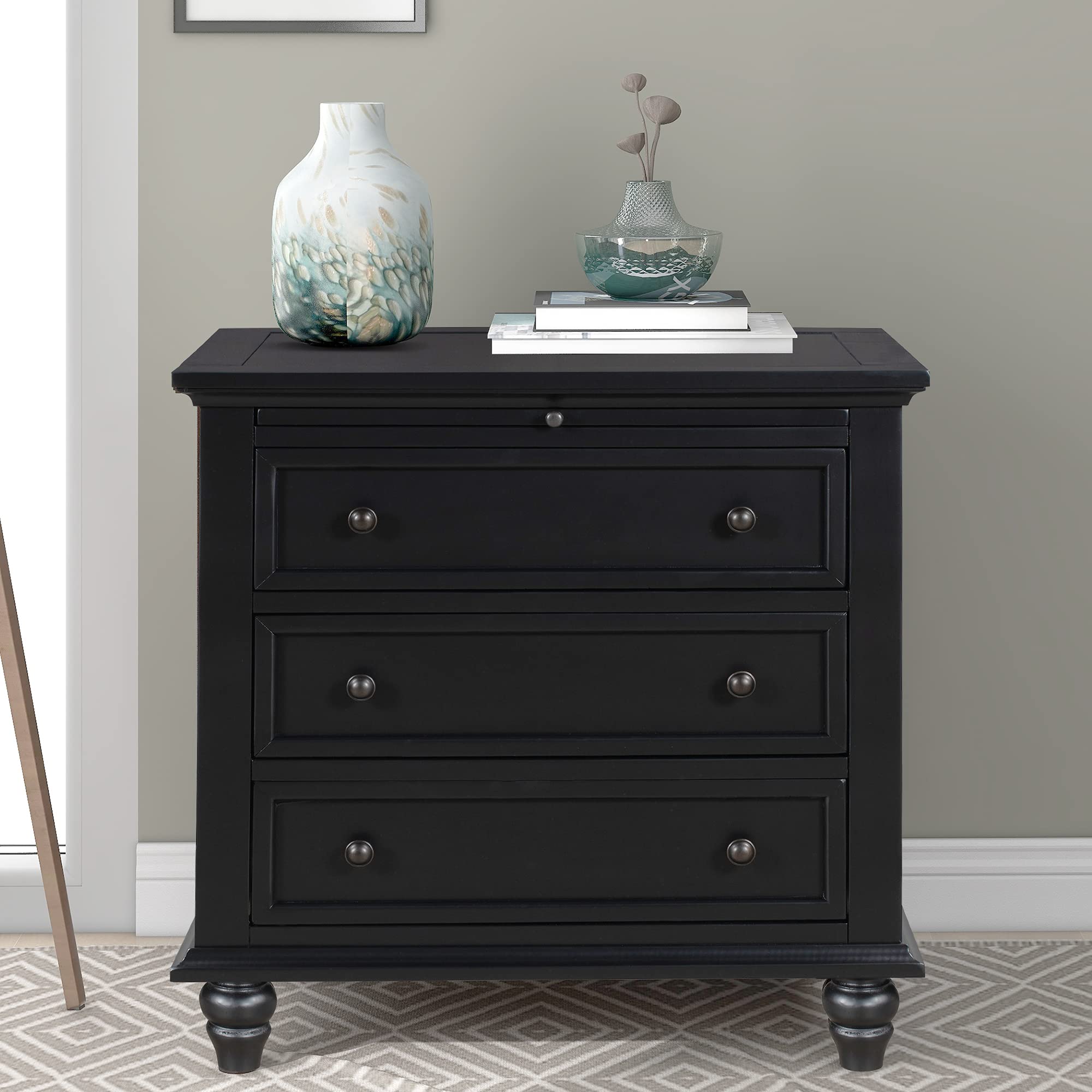 3-Drawer Wooden Bedside End Table with Pull-Out Tray - Modern Nightstand for Bedroom, Living Room & Home Office - Black Finish - Perfect for Storage & Display (Books, Lamps, Alarm Clocks)