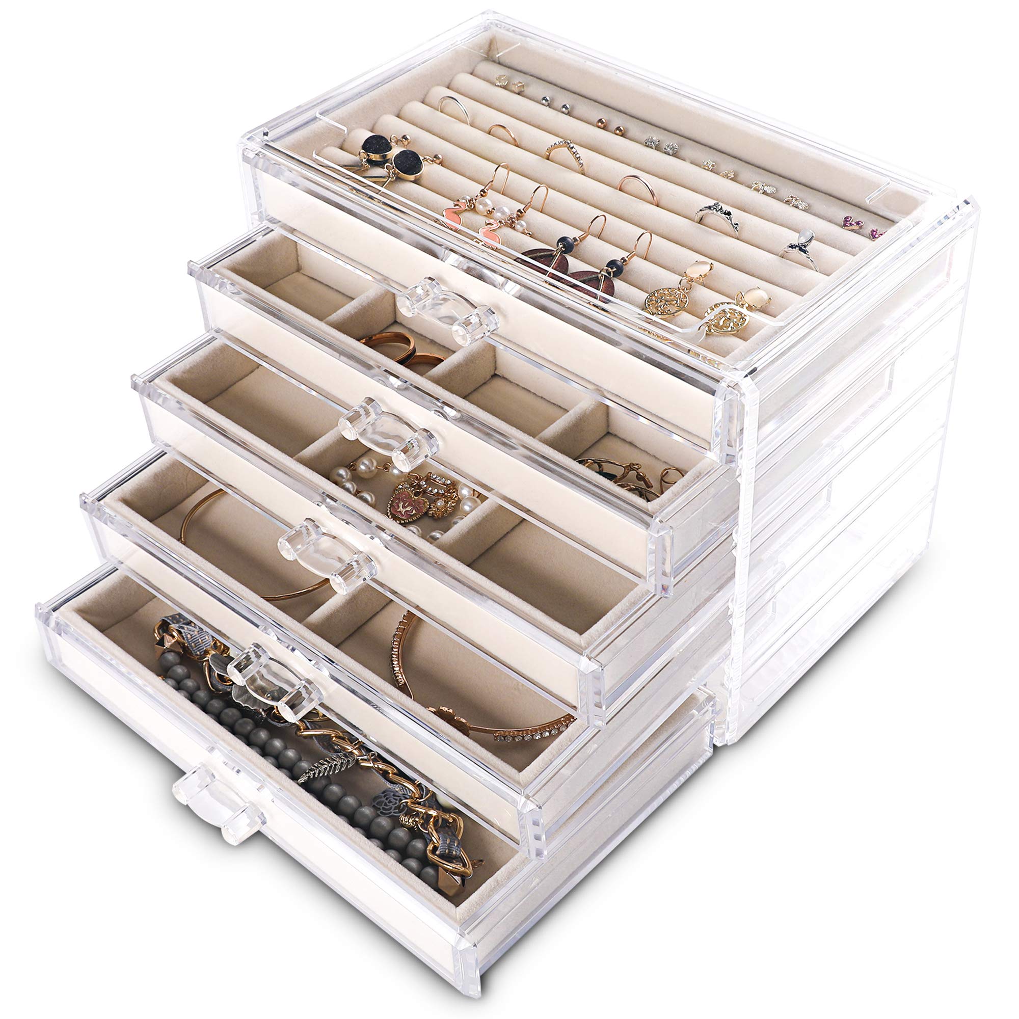 Frebeauty Extra Large 5-Layer Acrylic Jewelry Organizer Box with Drawers - Clear Velvet Display Case for Earrings, Rings, Necklaces - Perfect for Women's Jewelry Storage & Vanity Organization (Beige) | Ideal for Bedroom, Bathroom & Travel Jewelry Storage