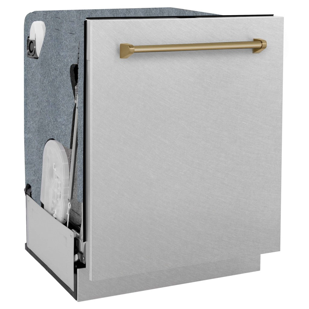 ZLINE Autograph Edition 24-inch Monument Series Dishwasher - 3rd Rack, Top Touch Control, Tall Tub Design with Satin Stainless Steel Panel & Champagne Bronze Handle, Ultra Quiet 45dBa (DWMTZ SN 24 CB) - Perfect for Modern Kitchens, Open Concept Homes, and Luxury Apartment Living