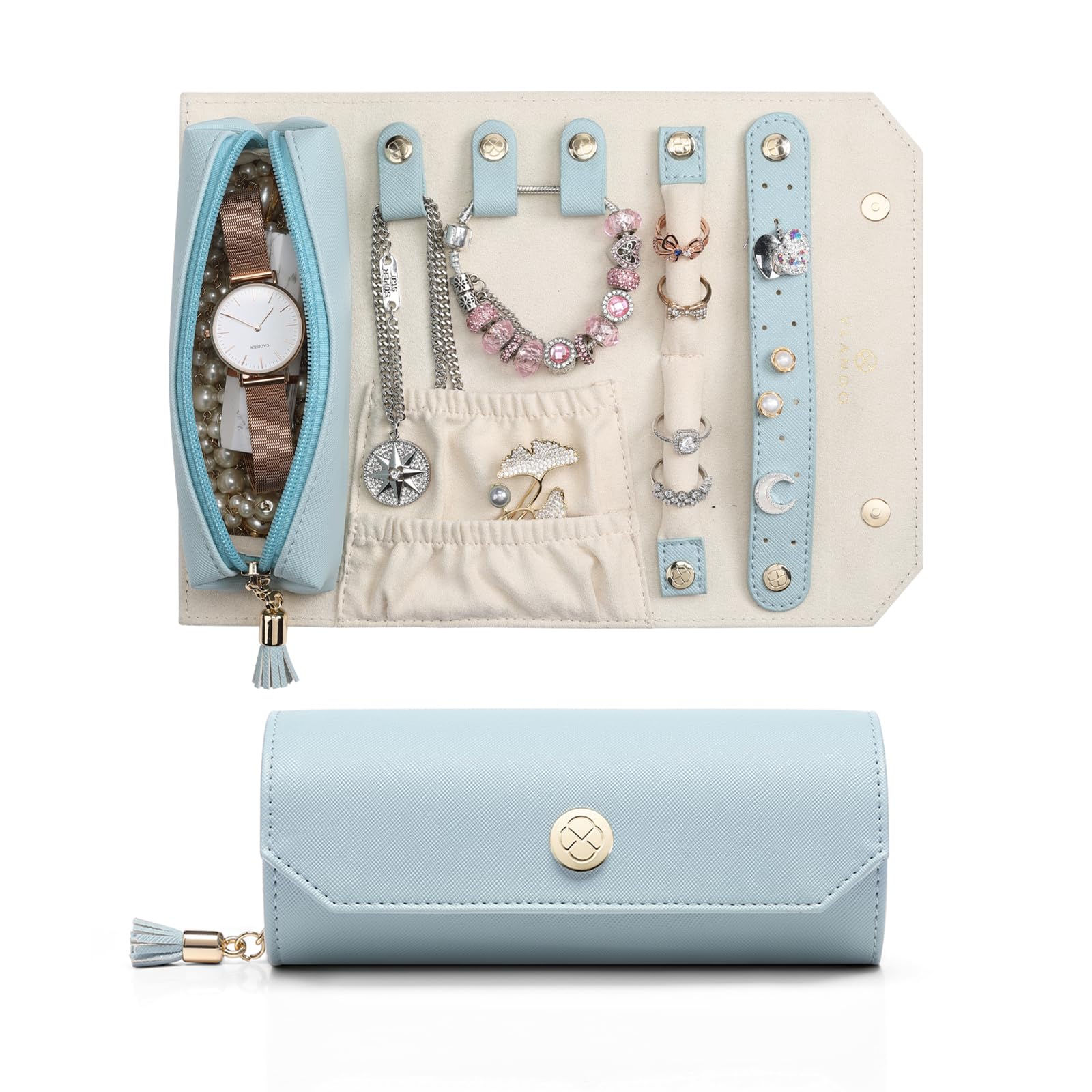 Vlando Leather Jewelry Roll Organizer - Compact Travel Jewelry Box & Pouch for Necklaces, Rings & Earrings - Perfect for Daily Storage, Travel & Gifts (Blue)