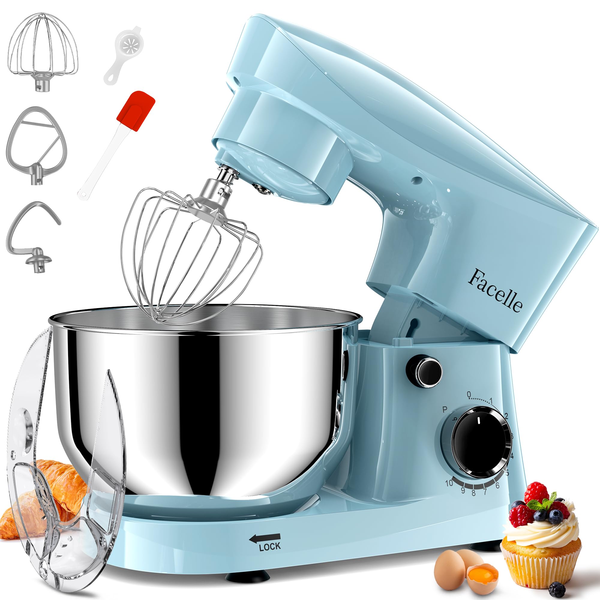 Facelle 10-Speed 6QT Stand Mixer, Tilt-Head Electric Kitchen Mixer with Beater, Dough Hook & Wire Whip - Perfect for Baking Cakes, Cookies, Bread & Pastries at Home (Blue)