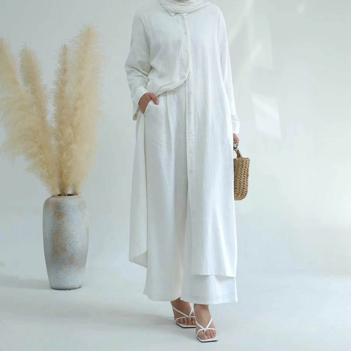 2-Piece Linen Cotton Blend Robe and Pants Set for Women - Comfortable Arab Style Lounge Wear - Perfect for Daily Use, Home Relaxation & Prayer Outfits