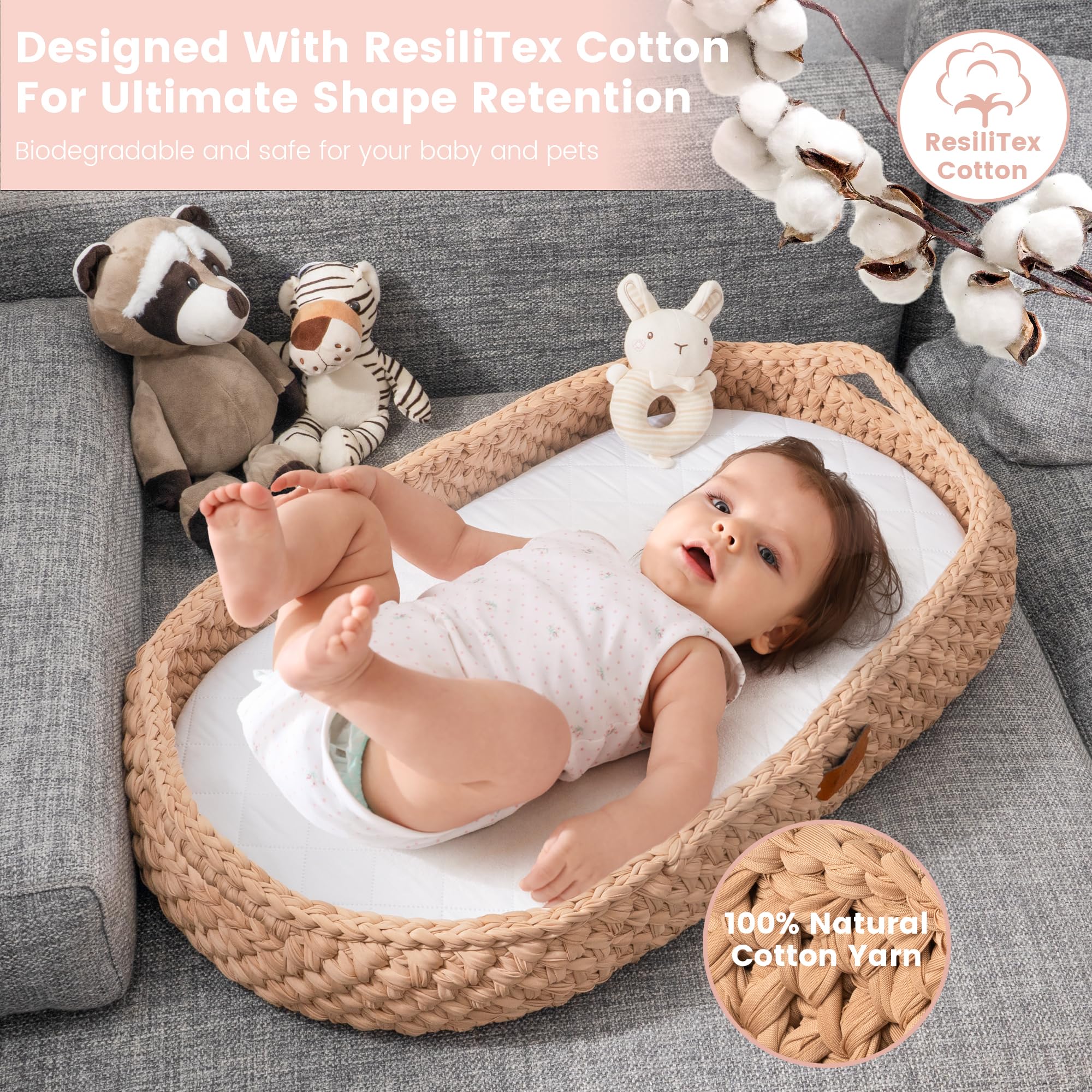 Handmade Baby Changing Basket Set with Soft Changing Pad, Waterproof Cover, Diaper Organizer & Rattle Toy - Boho Crochet Moses Bassinet for Nursery, Dresser Topper | Perfect for Newborn Care, Baby Shower Gifts & Nursery Decor