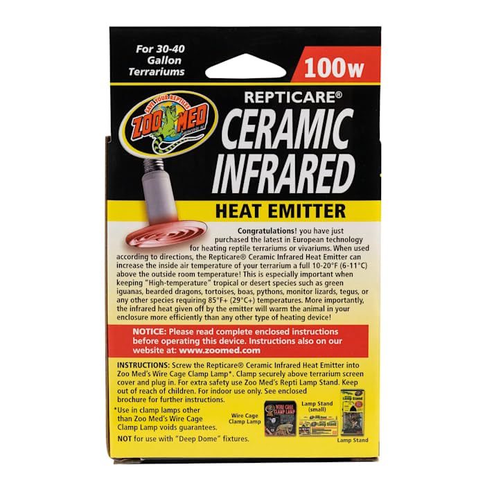 Zoo Med Repticare 100 Watt Ceramic Infrared Heat Emitter for Reptiles - Durable & Energy Efficient Heating Bulb for Terrariums, Snake Tanks & Lizard Enclosures (Perfect for Nighttime Use & Maintaining Optimal Habitat Temperature)