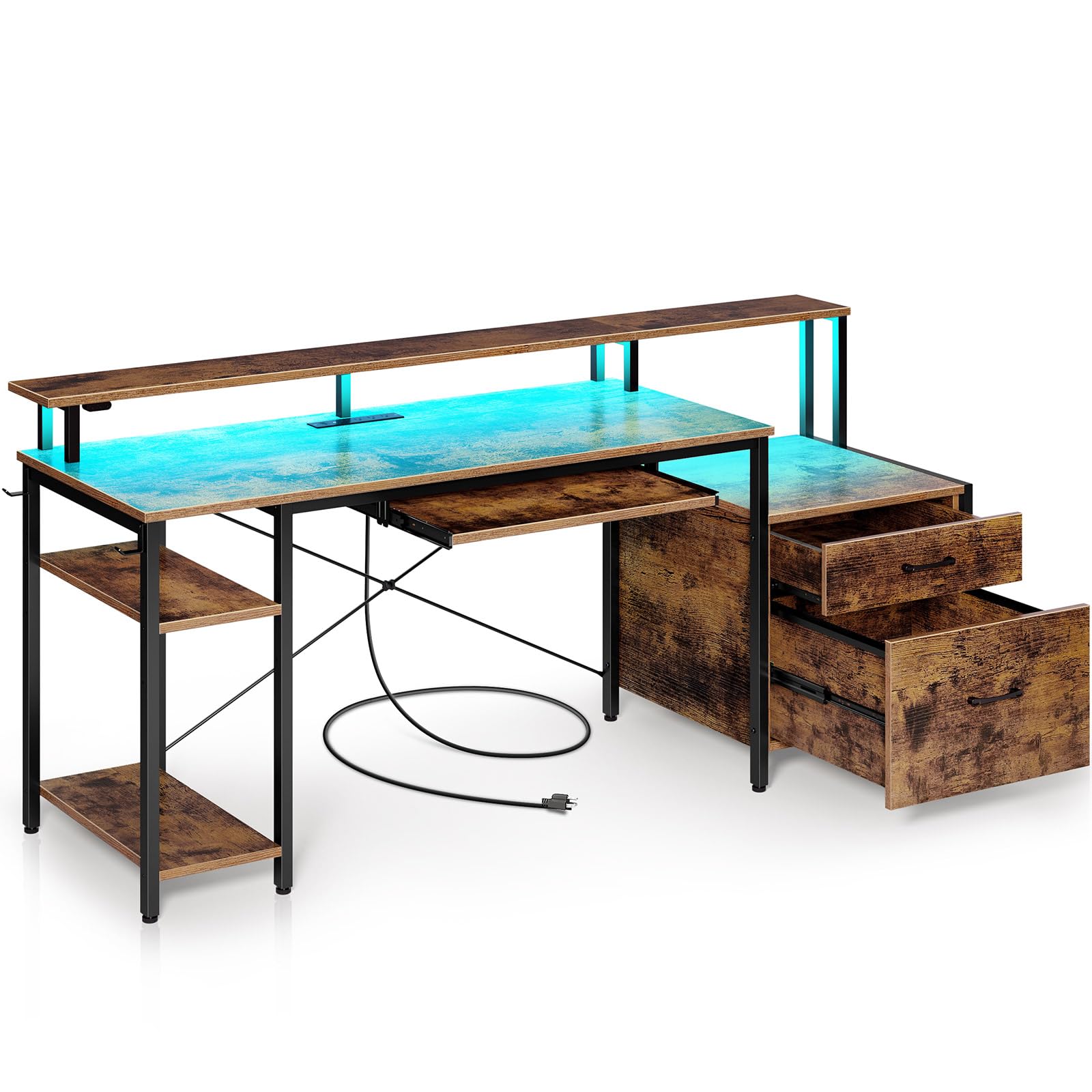 Rolanstar 59-inch Rustic Brown Computer Desk with LED Light, Power Outlets & File Drawer - Home Office Gaming Desk with Monitor Stand, Keyboard Tray & Storage Shelves - Perfect for Small Spaces, Work from Home & PC Gaming Setup